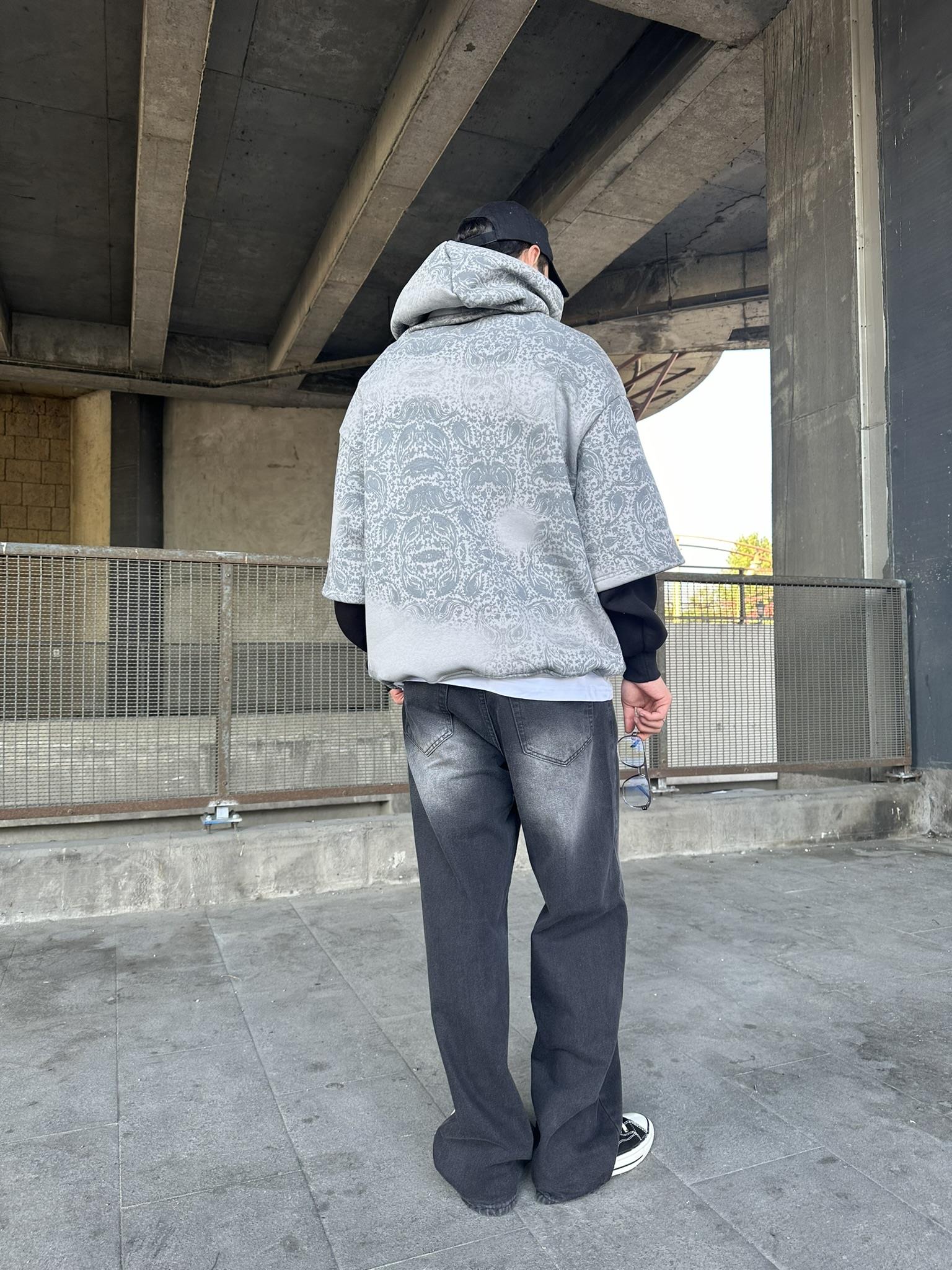 Kapüşonlu Etnik Desen Baskılı Oversize Hoodie Sweatshirt Gri