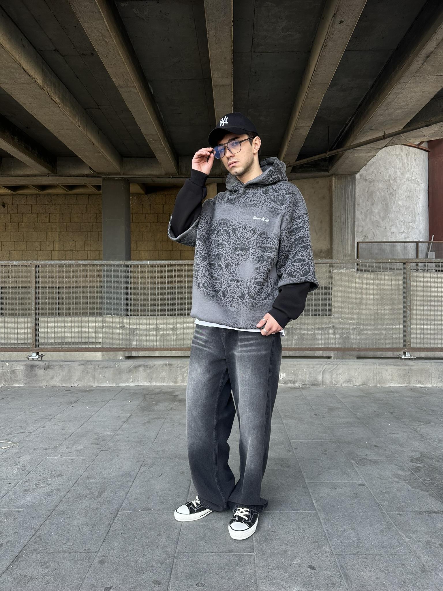 Kapüşonlu Etnik Desen Baskılı Oversize Hoodie Sweatshirt Antrasit