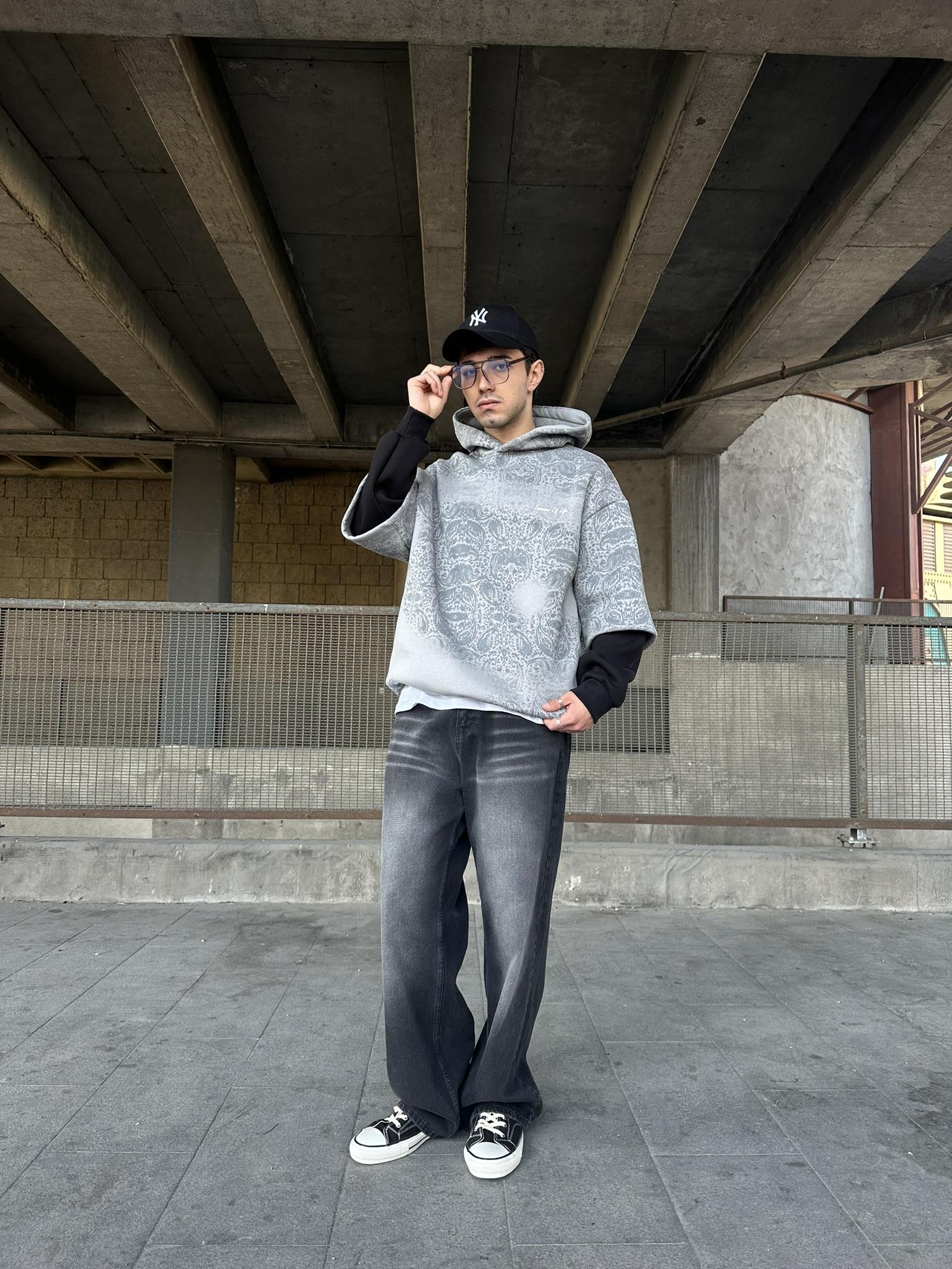 Kapüşonlu Etnik Desen Baskılı Oversize Hoodie Sweatshirt Gri