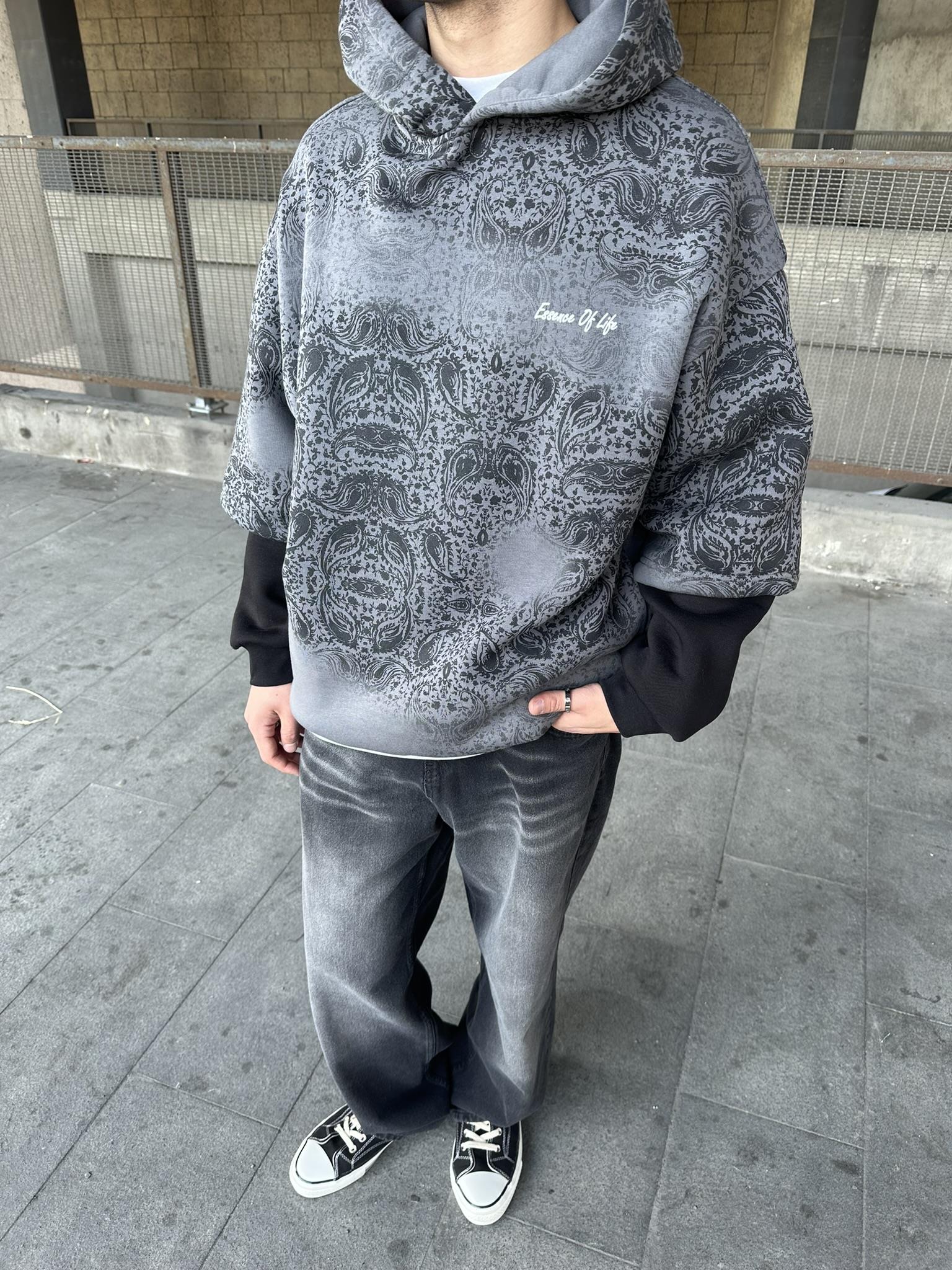 Kapüşonlu Etnik Desen Baskılı Oversize Hoodie Sweatshirt Antrasit