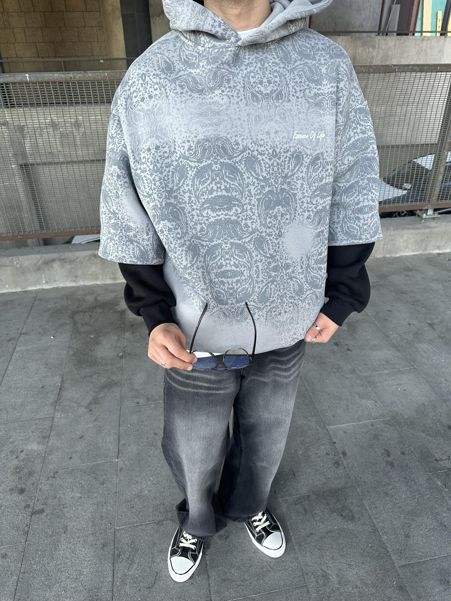 Kapüşonlu Etnik Desen Baskılı Oversize Hoodie Sweatshirt Gri