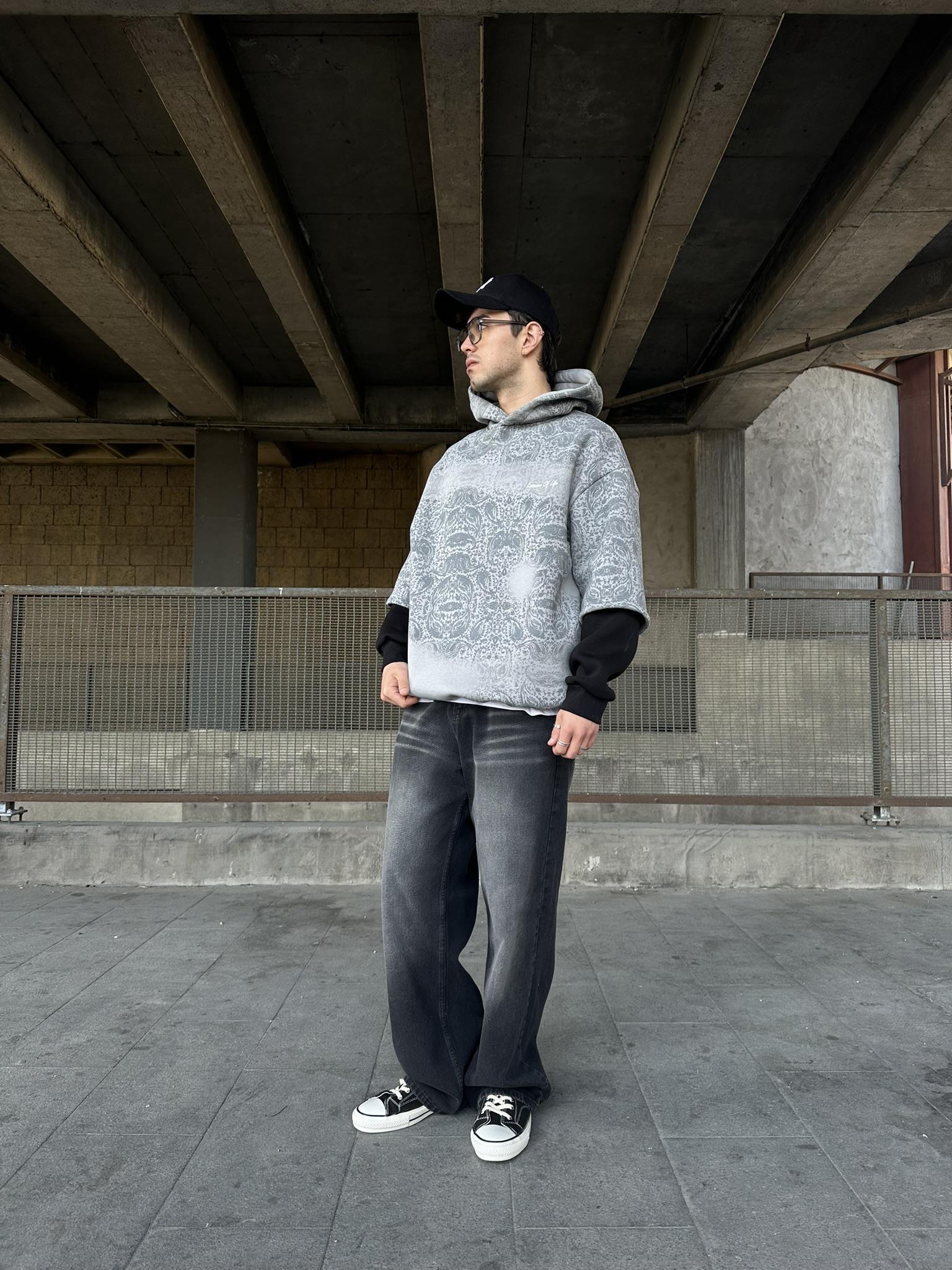 Kapüşonlu Etnik Desen Baskılı Oversize Hoodie Sweatshirt Gri