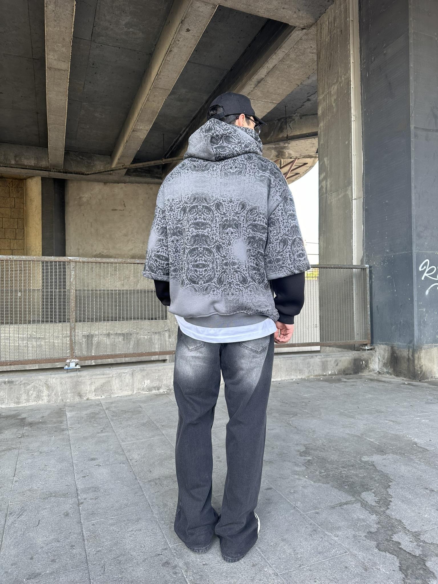 Kapüşonlu Etnik Desen Baskılı Oversize Hoodie Sweatshirt Antrasit