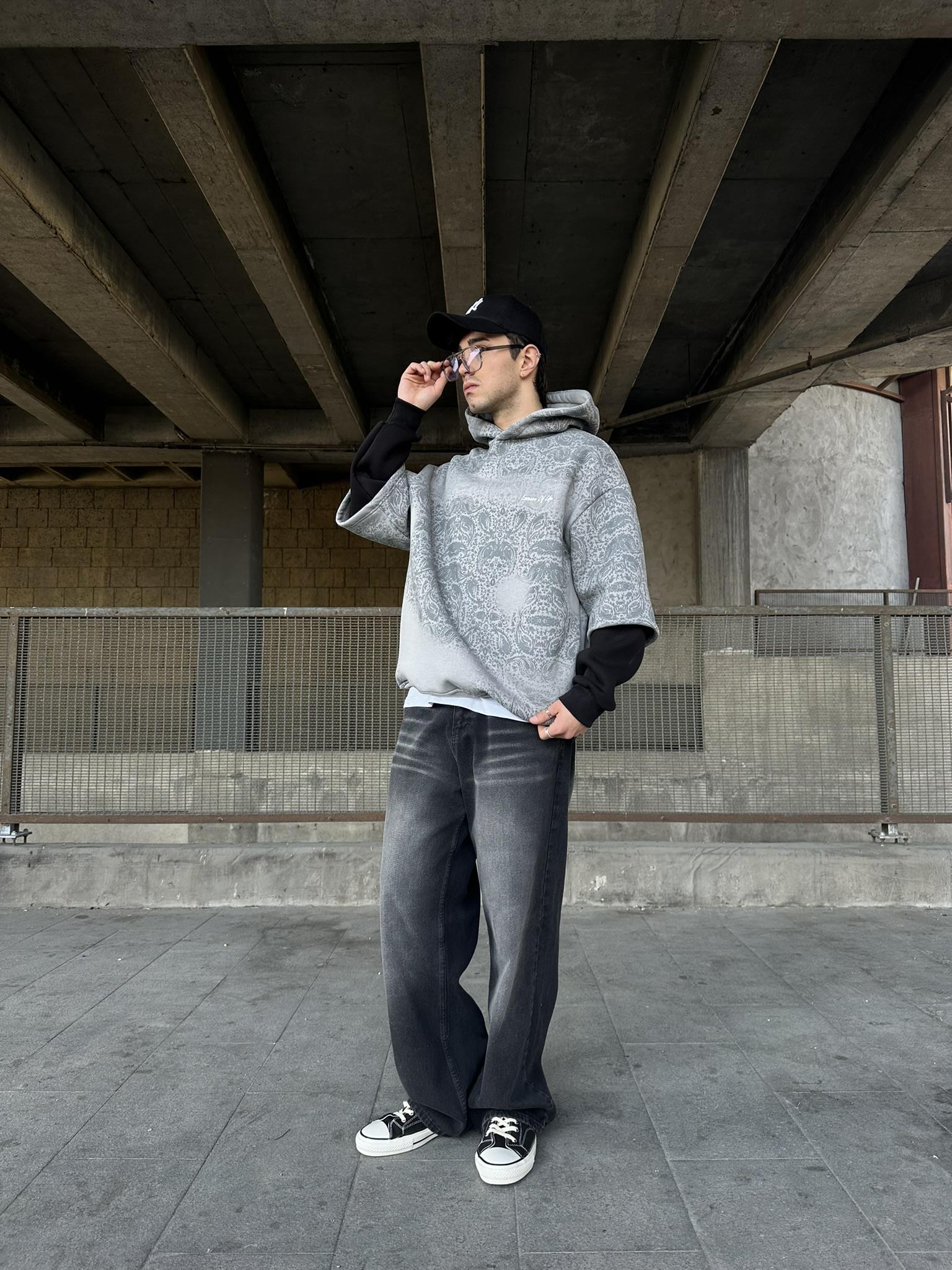 Kapüşonlu Etnik Desen Baskılı Oversize Hoodie Sweatshirt Gri