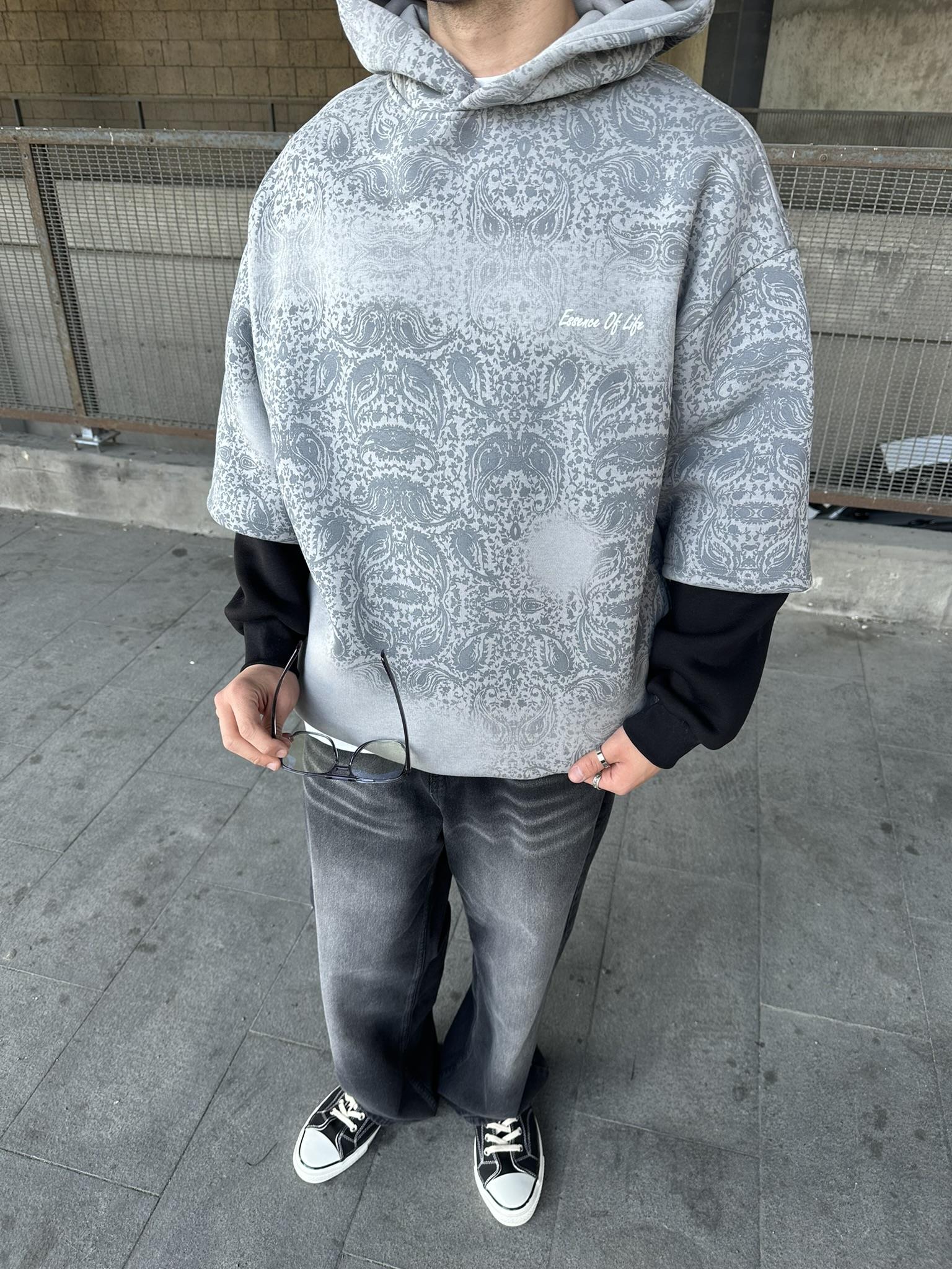 Kapüşonlu Etnik Desen Baskılı Oversize Hoodie Sweatshirt Gri