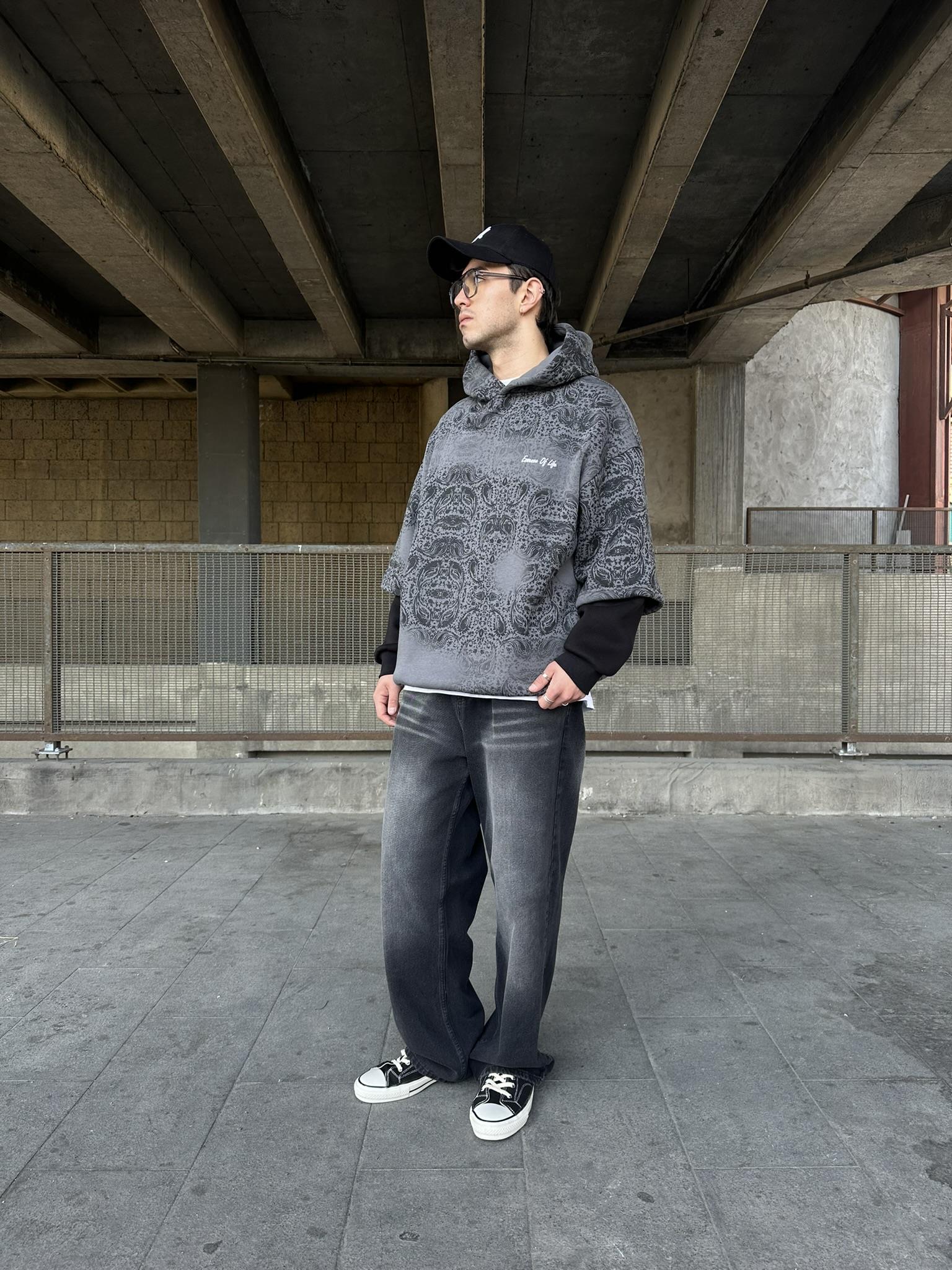 Kapüşonlu Etnik Desen Baskılı Oversize Hoodie Sweatshirt Antrasit