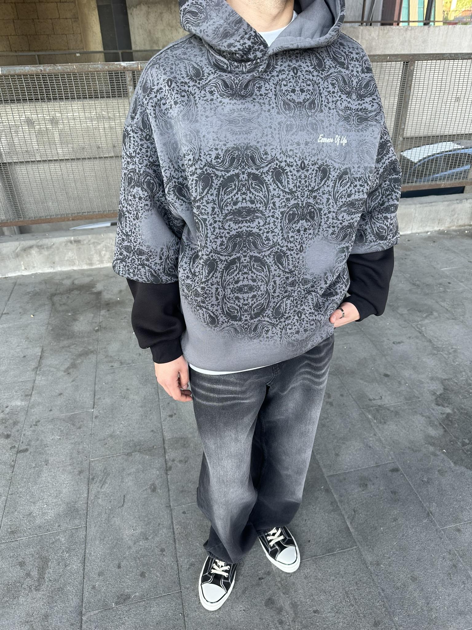 Kapüşonlu Etnik Desen Baskılı Oversize Hoodie Sweatshirt Antrasit