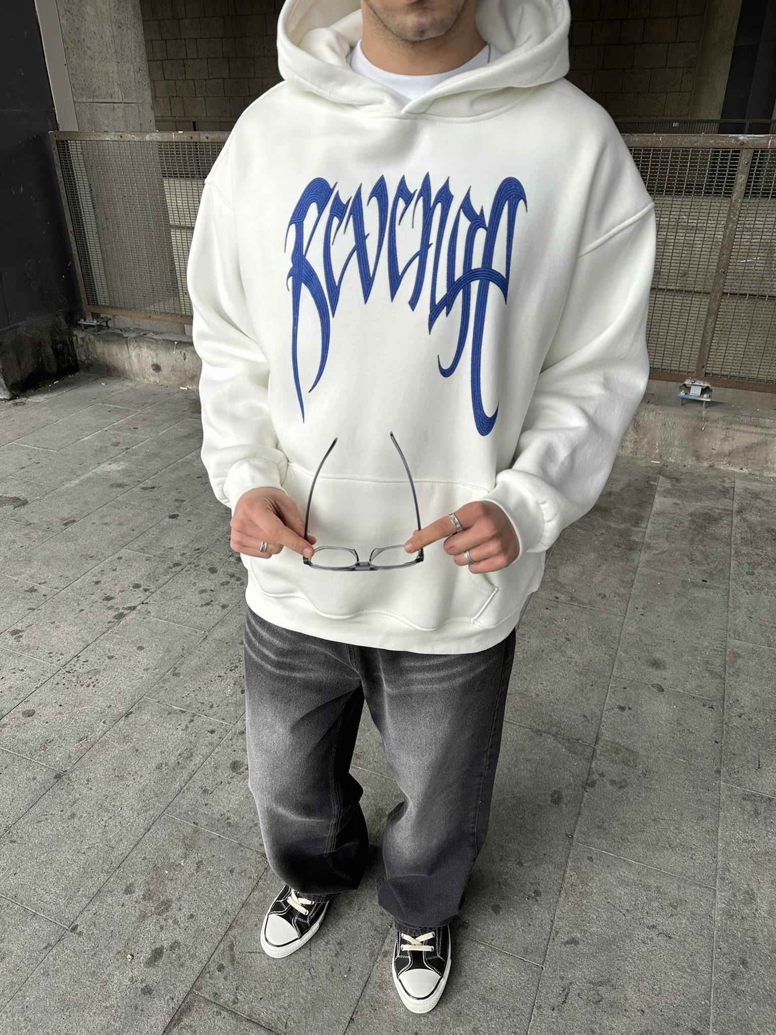 Kapüşonlu 'REVENGE' Baskılı Hoodie Oversize Sweatshirt Beyaz