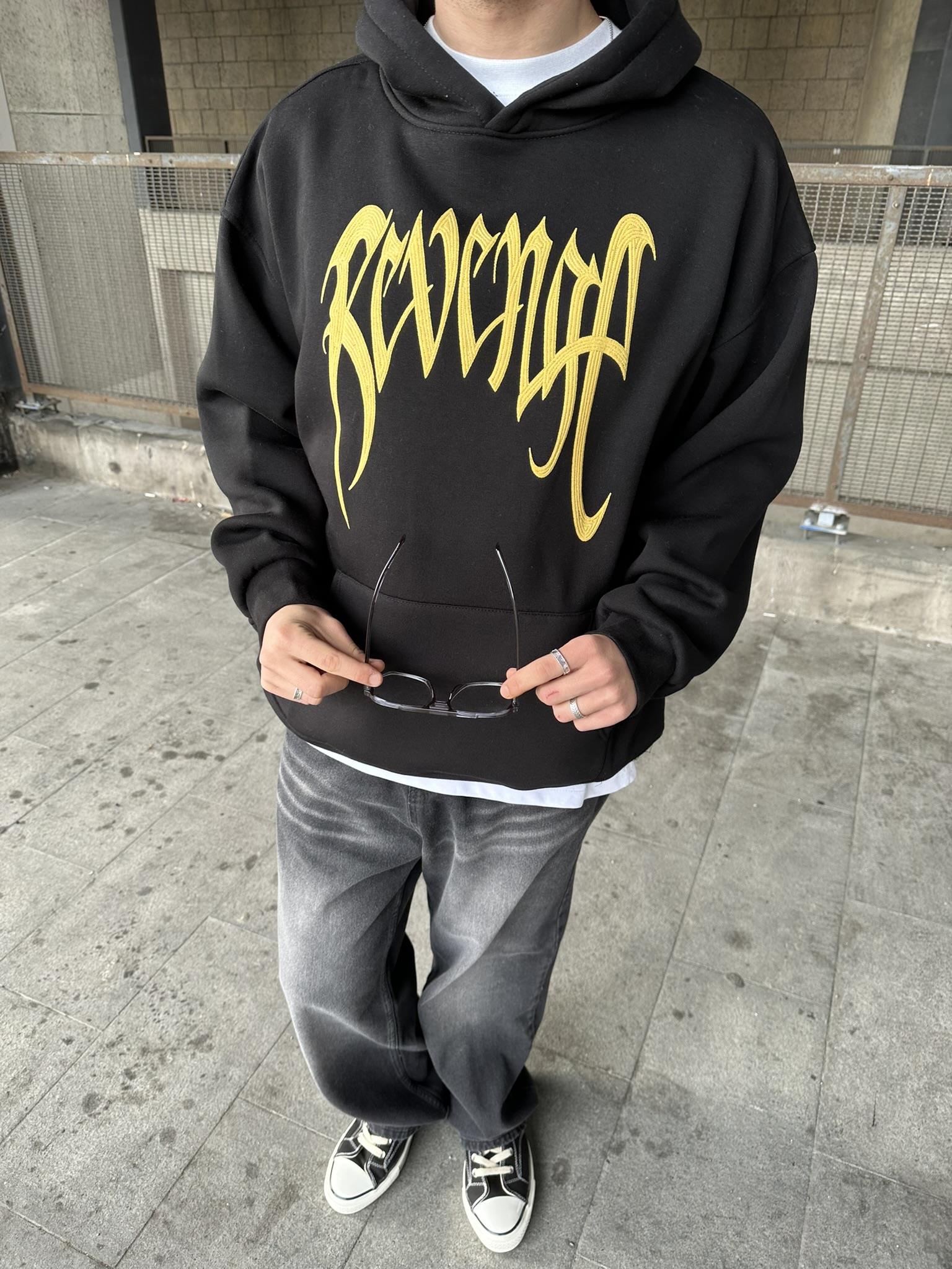 Kapüşonlu 'REVENGE' Baskılı Hoodie Oversize Sweatshirt Siyah