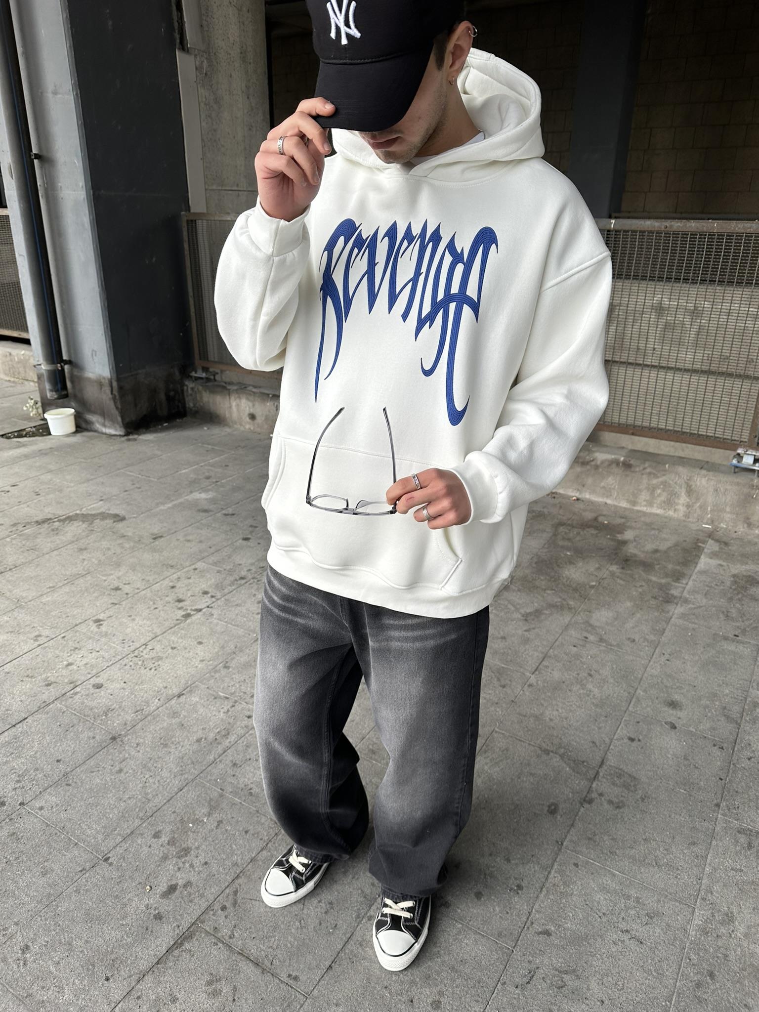 Kapüşonlu 'REVENGE' Baskılı Hoodie Oversize Sweatshirt Beyaz