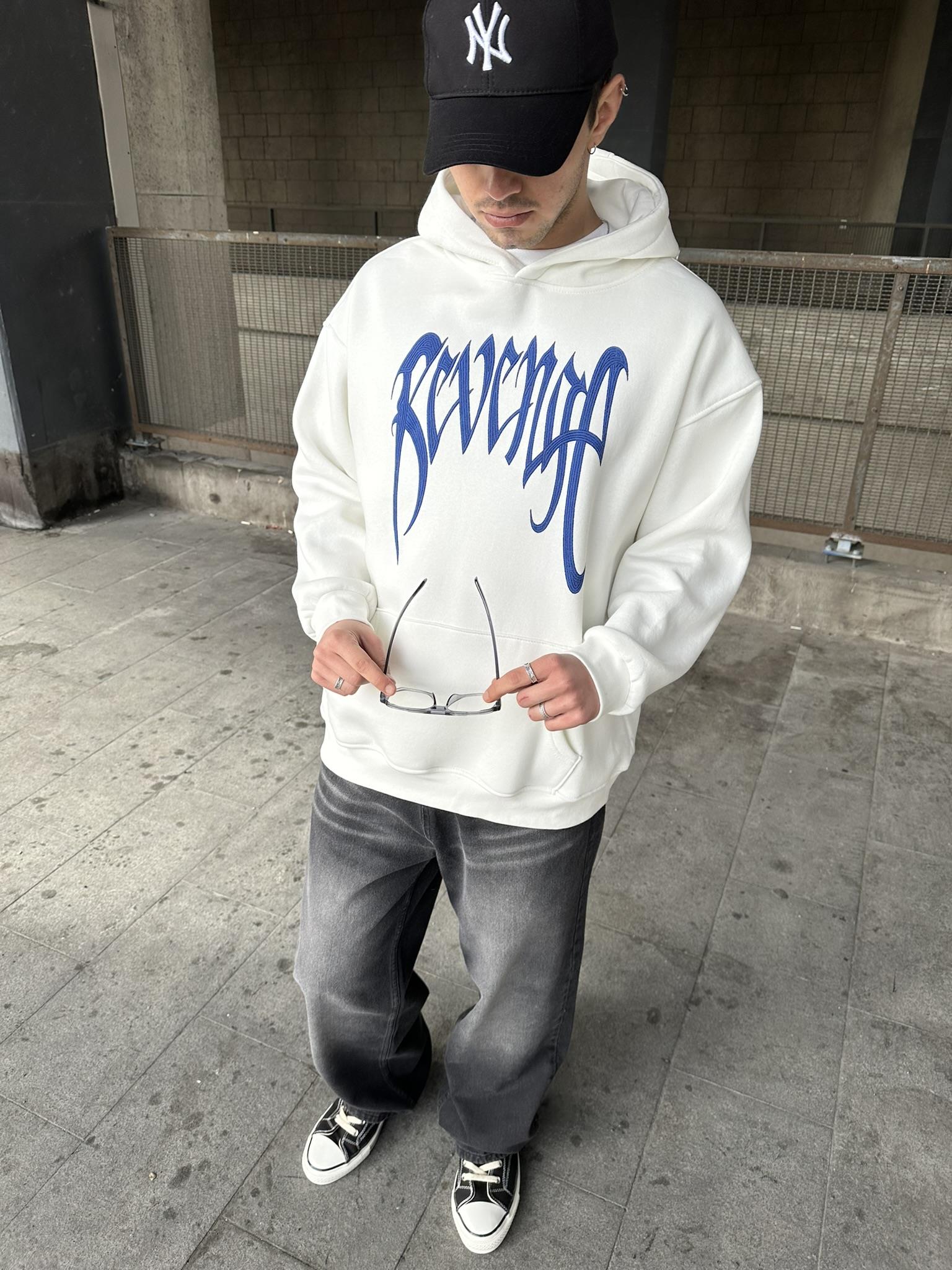 Kapüşonlu 'REVENGE' Baskılı Hoodie Oversize Sweatshirt Beyaz