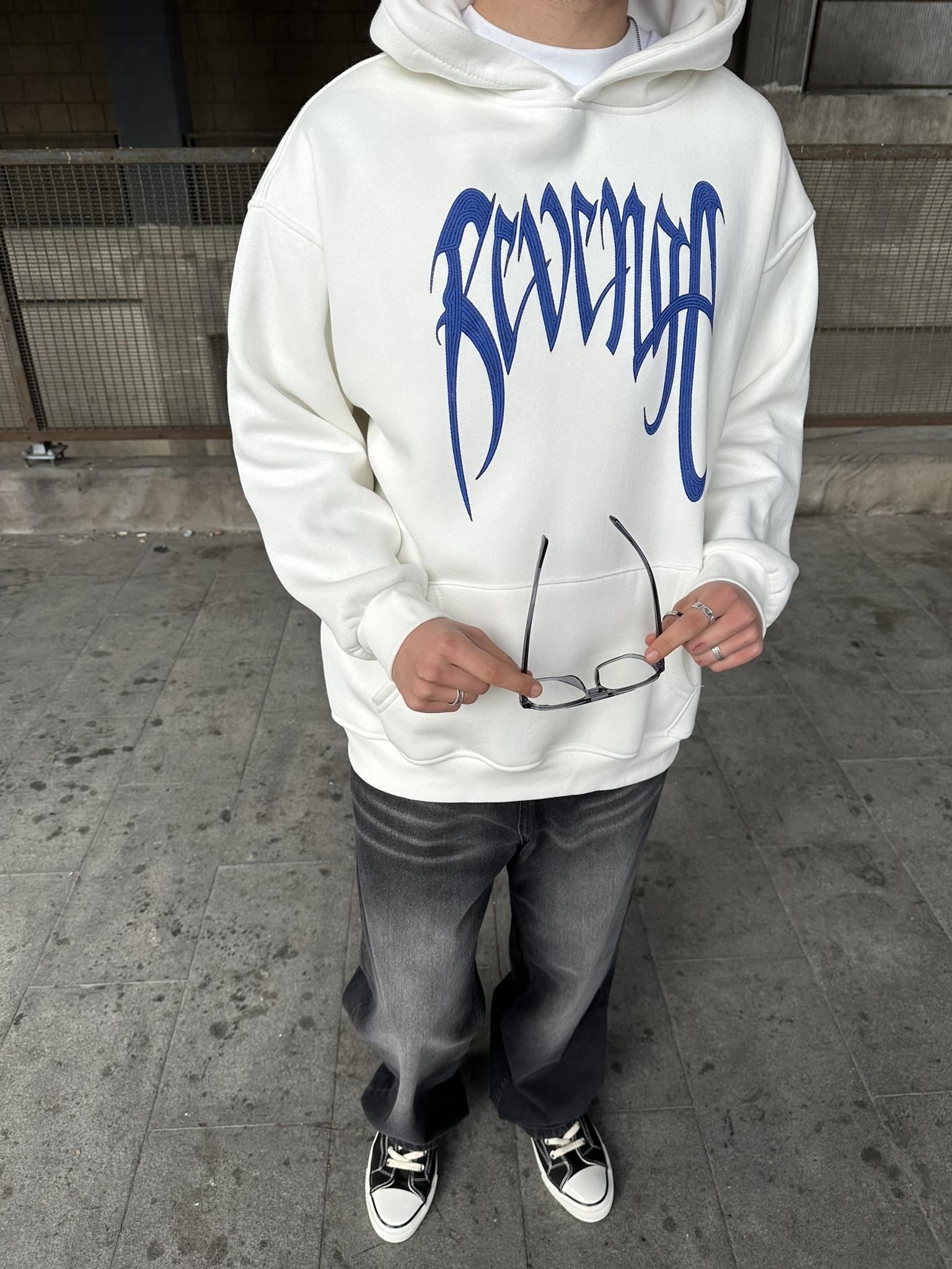 Kapüşonlu 'REVENGE' Baskılı Hoodie Oversize Sweatshirt Beyaz