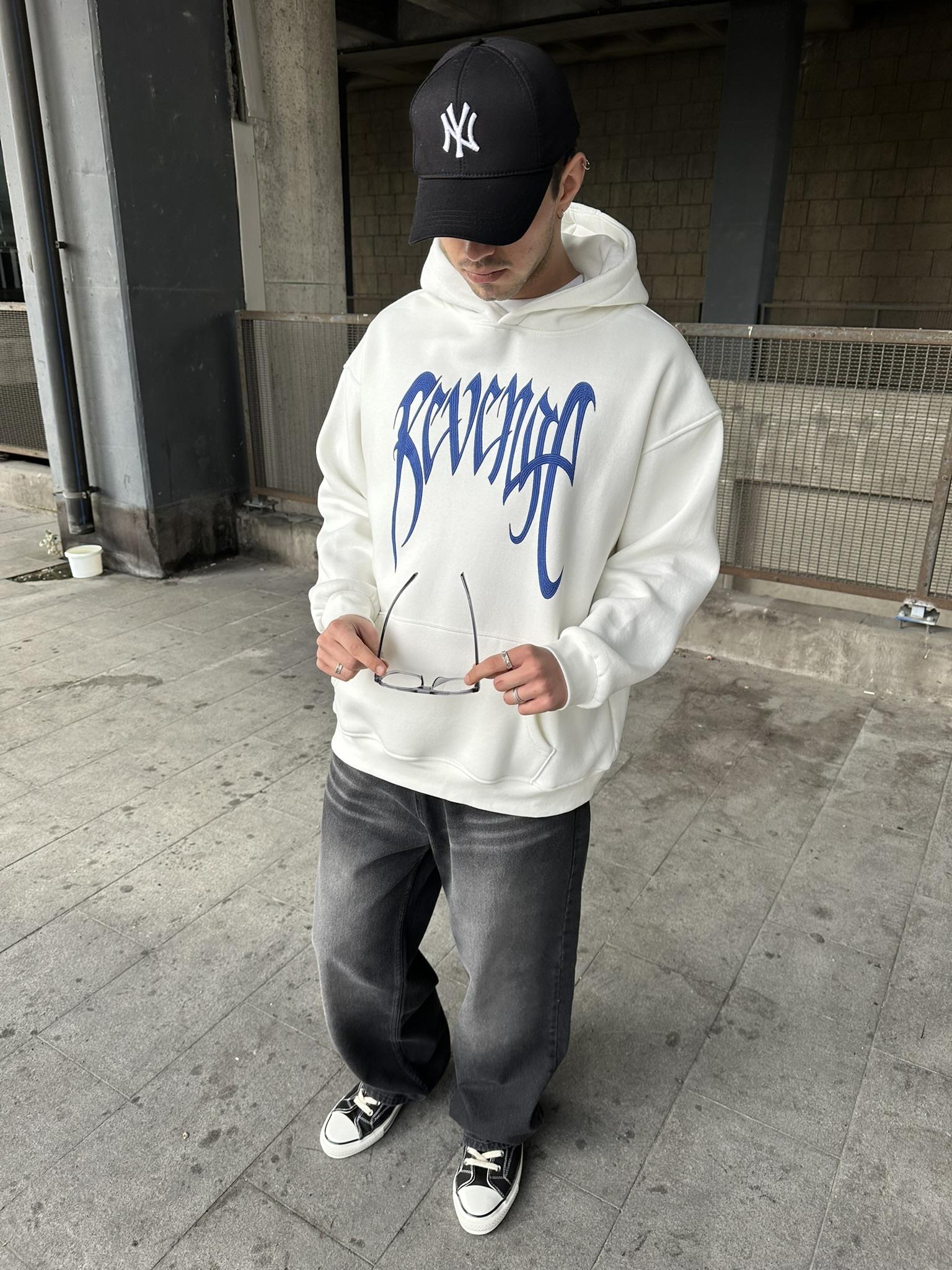 Kapüşonlu 'REVENGE' Baskılı Hoodie Oversize Sweatshirt Beyaz