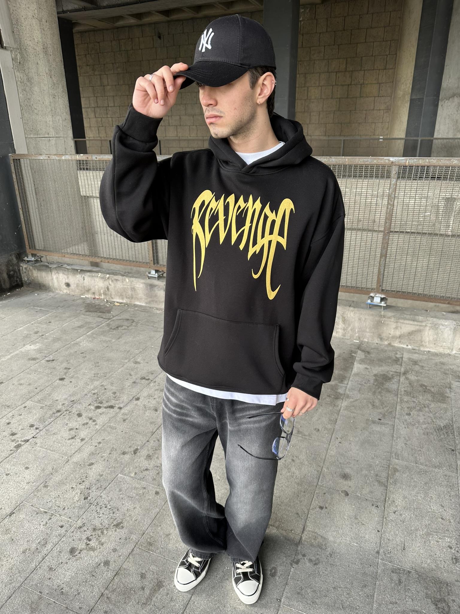 Kapüşonlu 'REVENGE' Baskılı Hoodie Oversize Sweatshirt Siyah