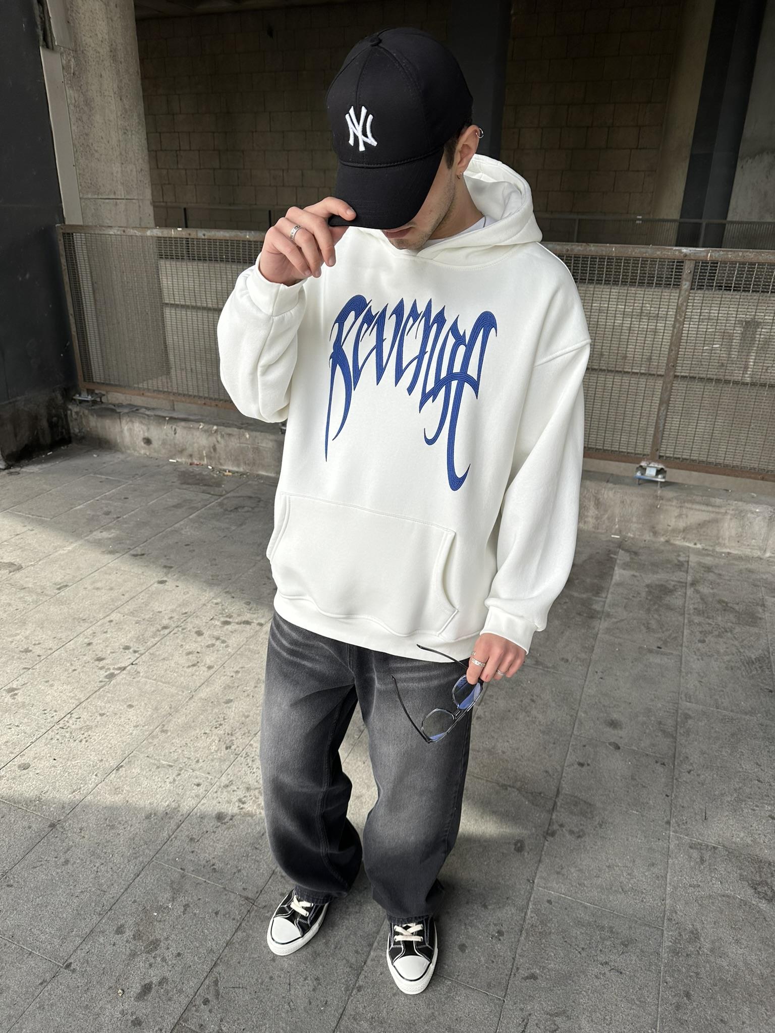 Kapüşonlu 'REVENGE' Baskılı Hoodie Oversize Sweatshirt Beyaz