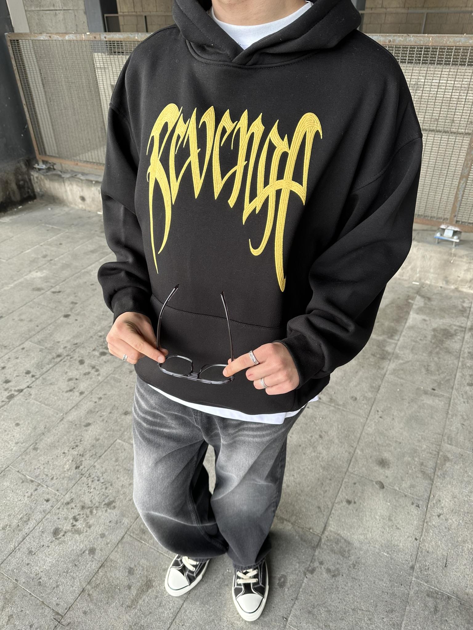 Kapüşonlu 'REVENGE' Baskılı Hoodie Oversize Sweatshirt Siyah