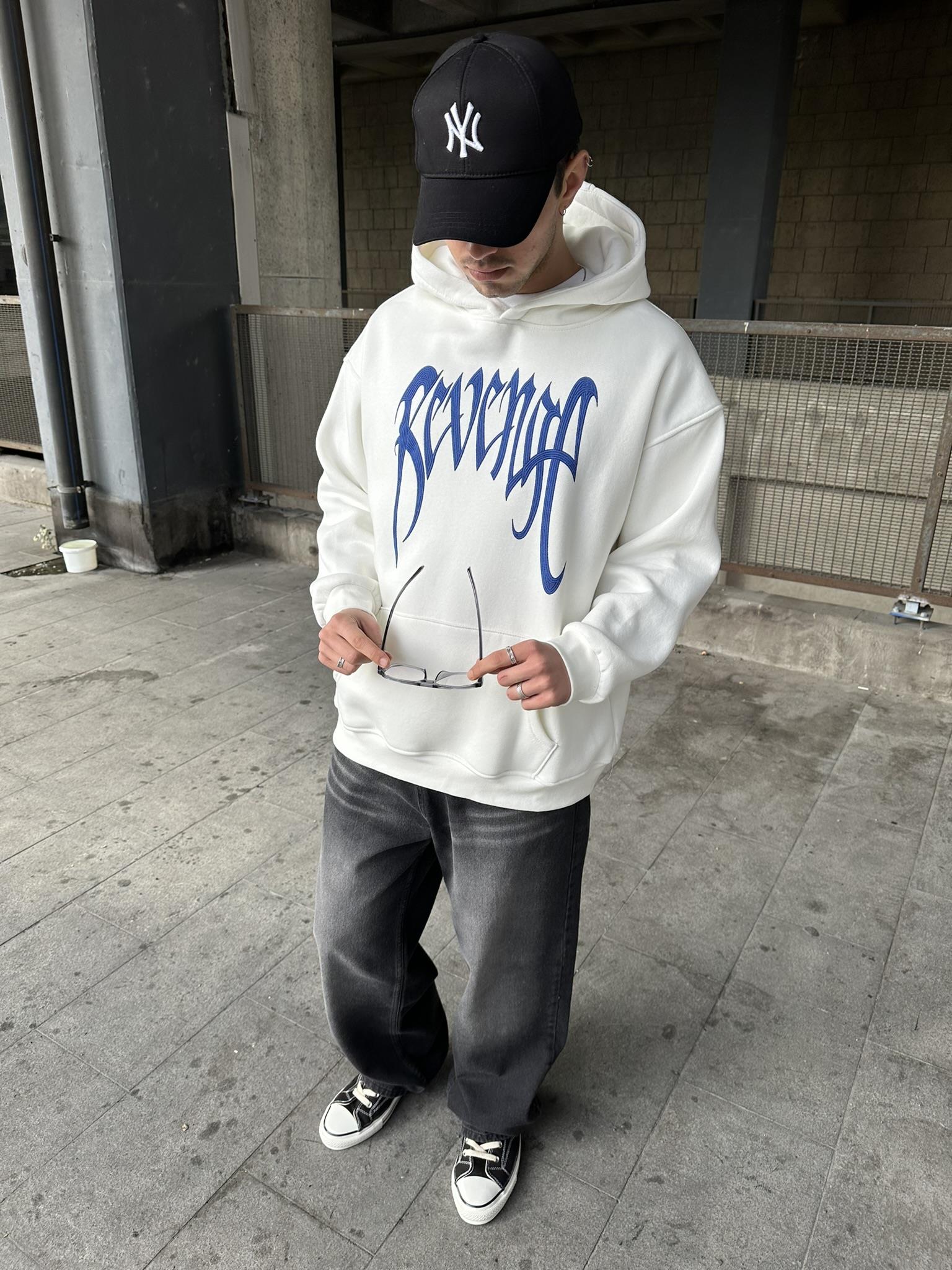 Kapüşonlu 'REVENGE' Baskılı Hoodie Oversize Sweatshirt Beyaz