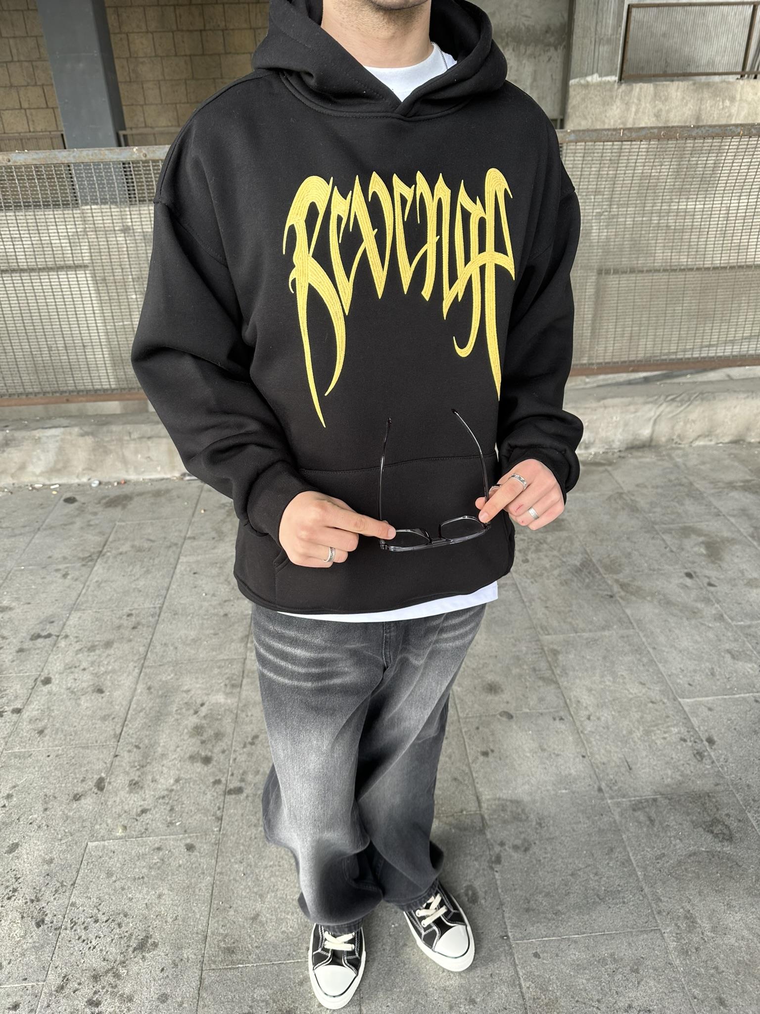 Kapüşonlu 'REVENGE' Baskılı Hoodie Oversize Sweatshirt Siyah