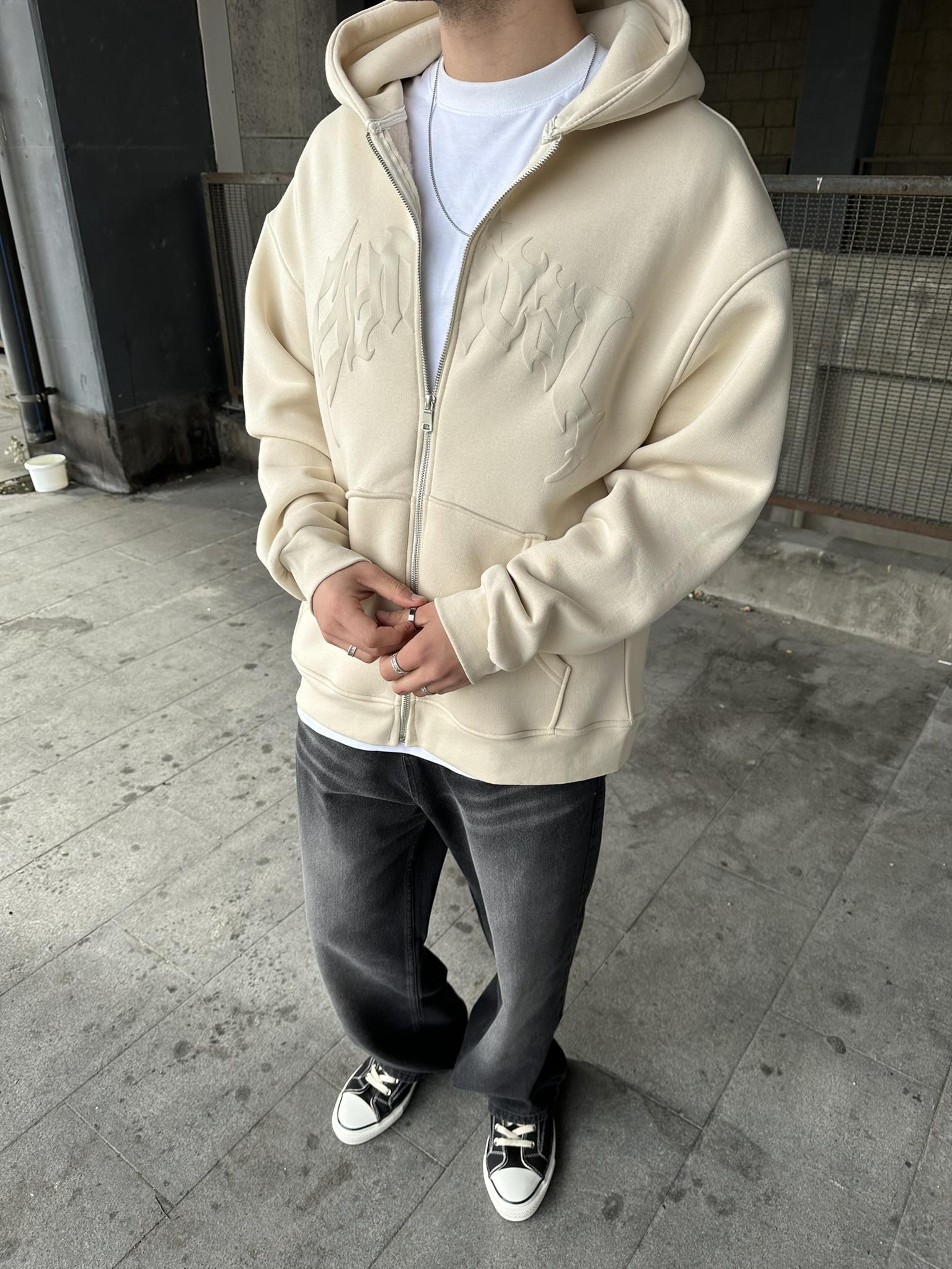 Kapüşonlu 'SYMİRCAL' Kabartmalı Baskı Zip Oversize Hırka Bej