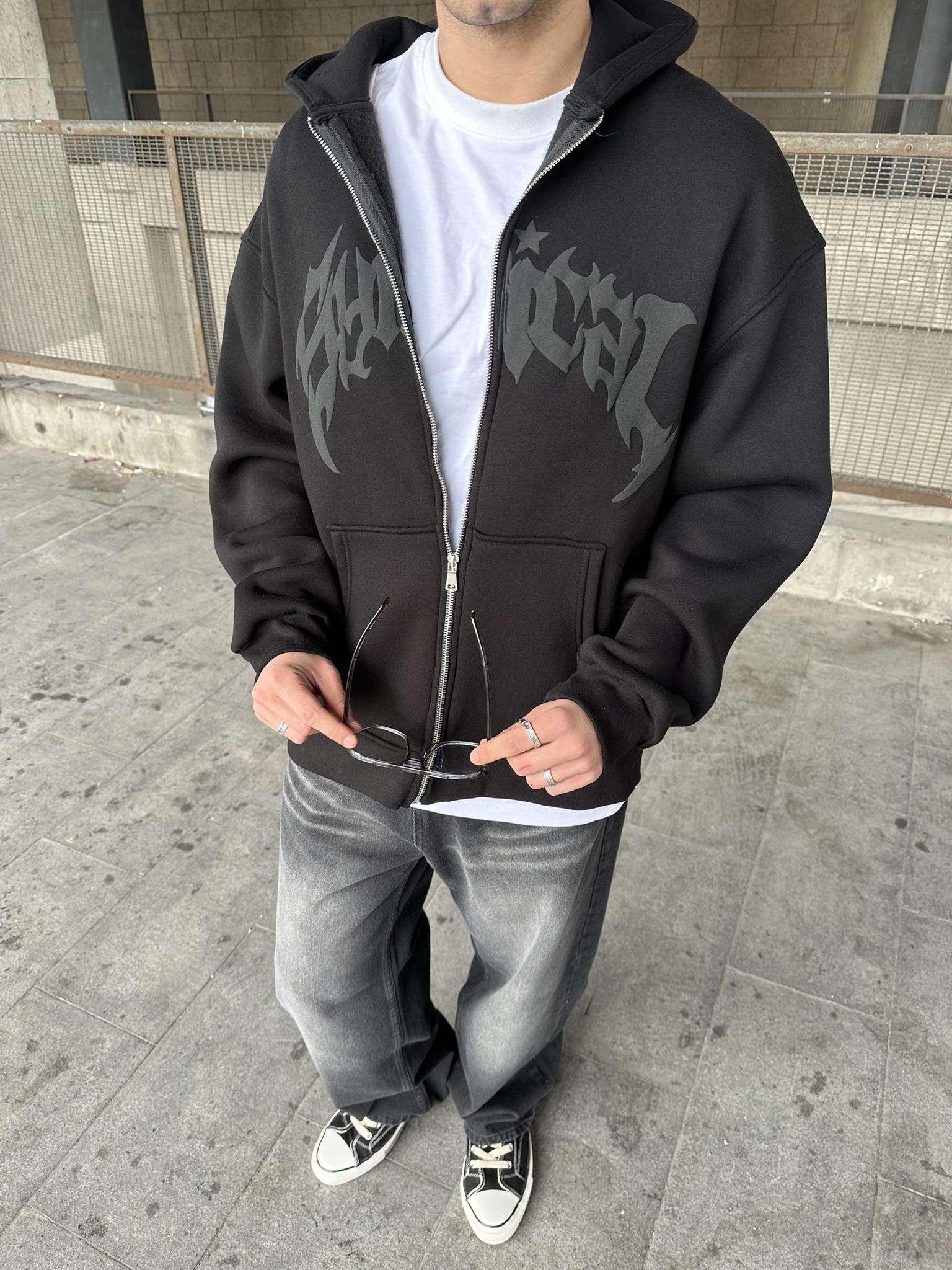 Kapüşonlu 'SYMİRCAL' Kabartmalı Baskı Zip Oversize Hırka Siyah