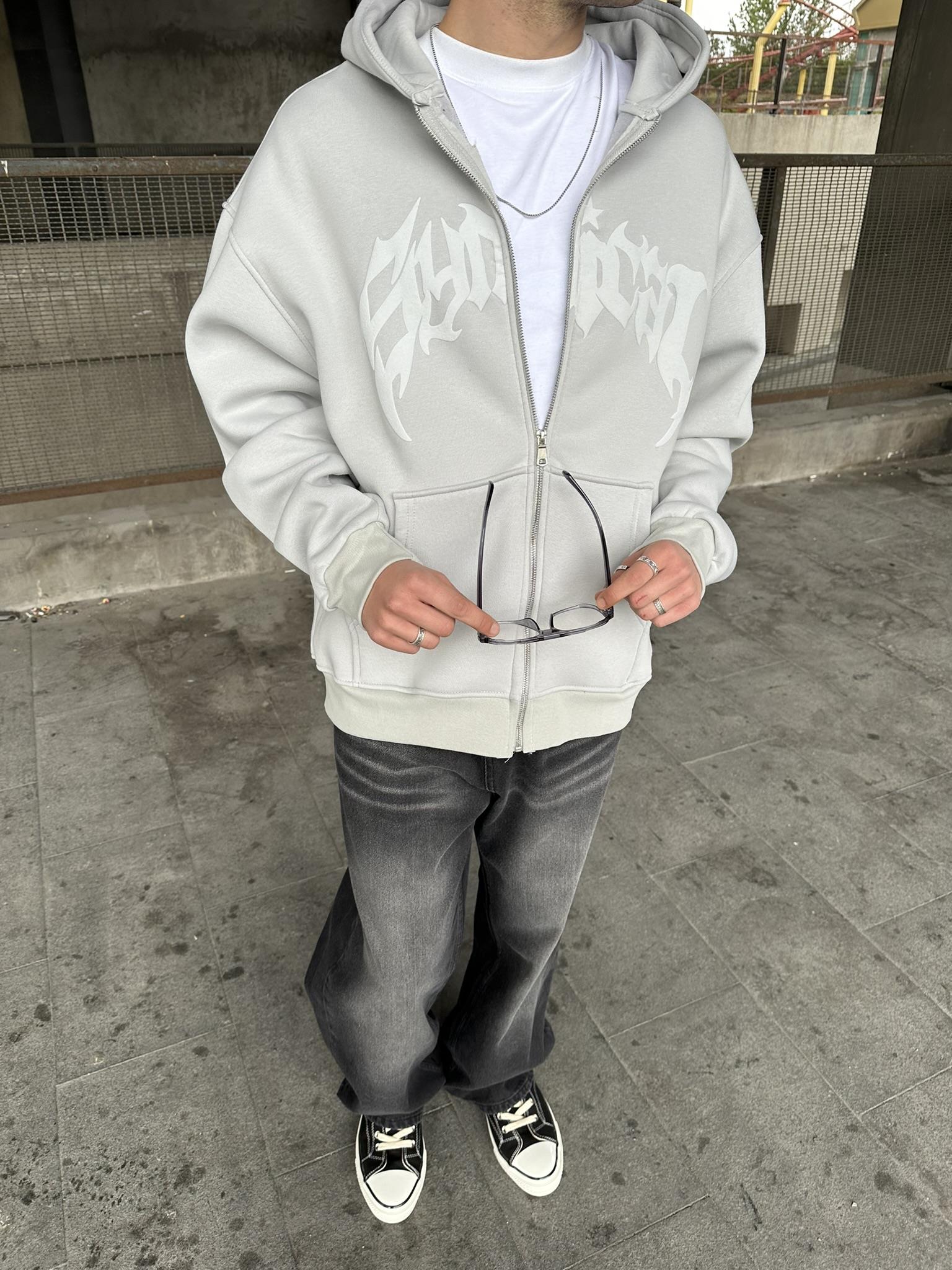 Kapüşonlu 'SYMİRCAL' Kabartmalı Baskı Zip Oversize Hırka Gri