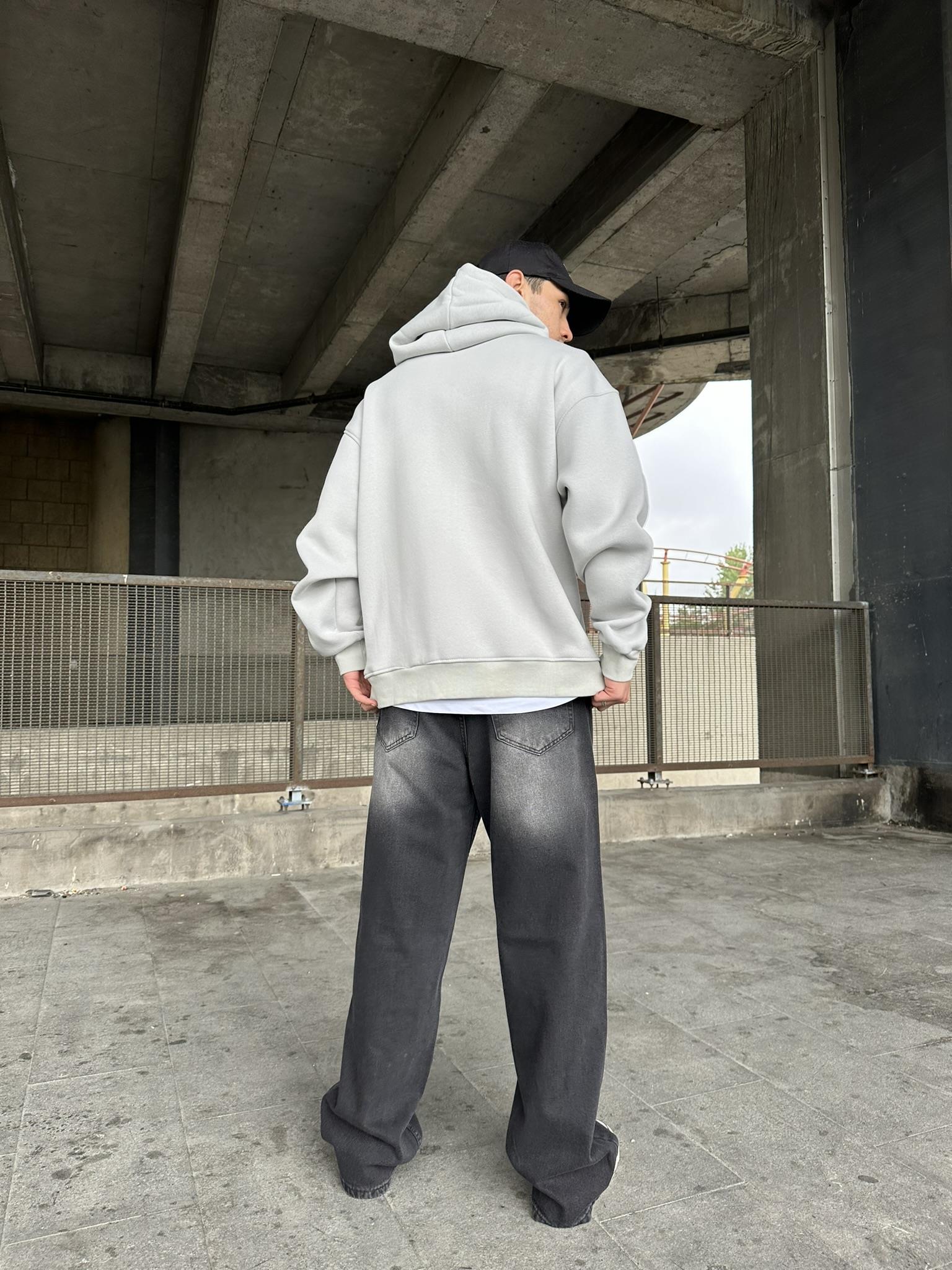 Kapüşonlu 'SYMİRCAL' Kabartmalı Baskı Zip Oversize Hırka Gri