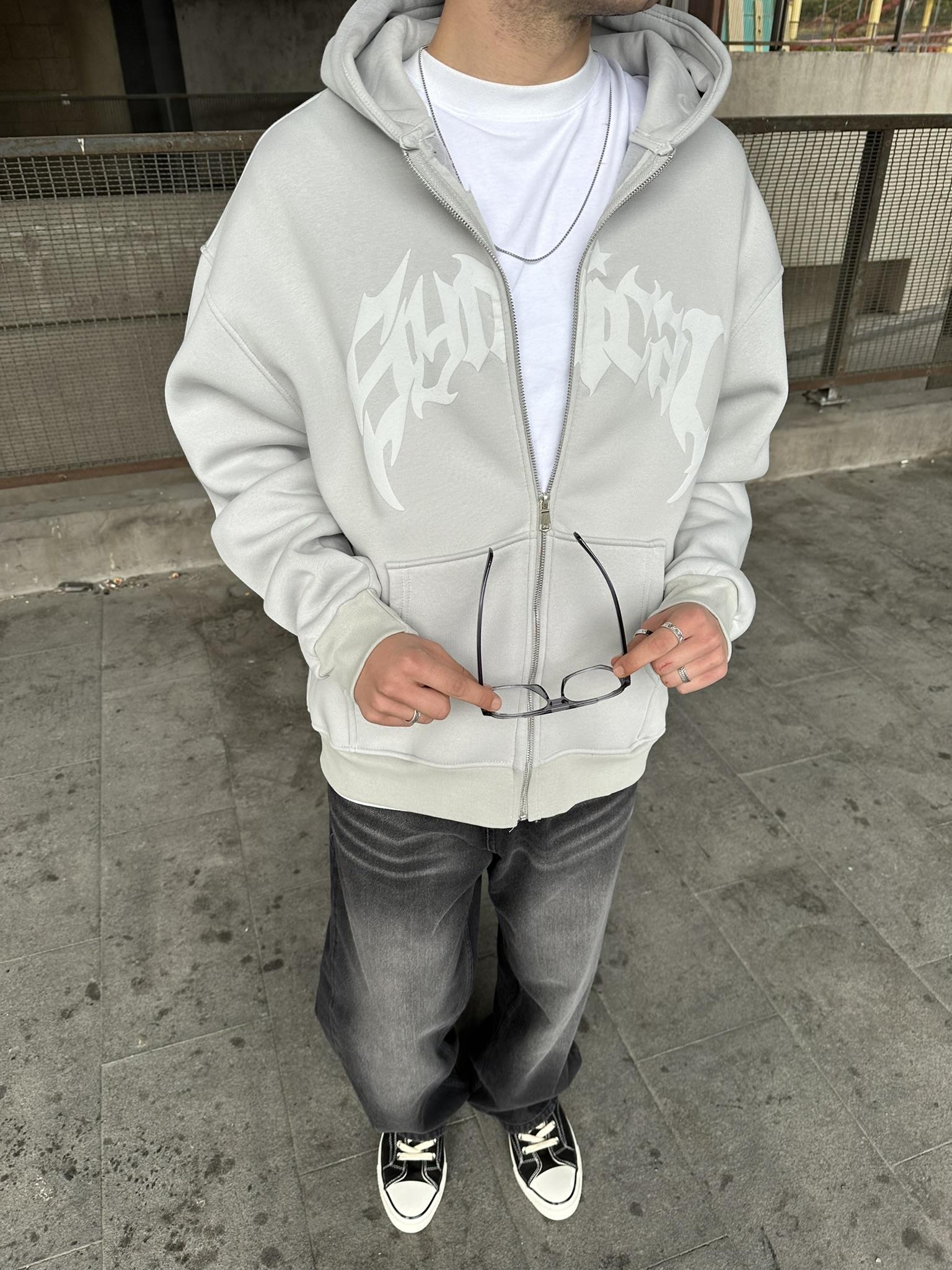 Kapüşonlu 'SYMİRCAL' Kabartmalı Baskı Zip Oversize Hırka Gri