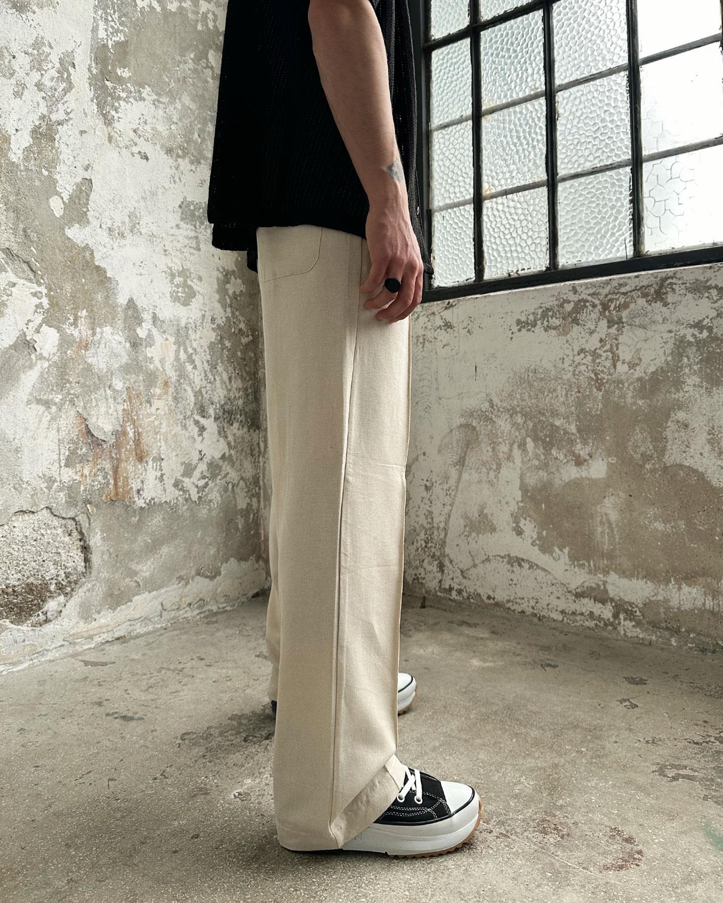 Keten Pile Cizgili Baggy Pantolon Bej