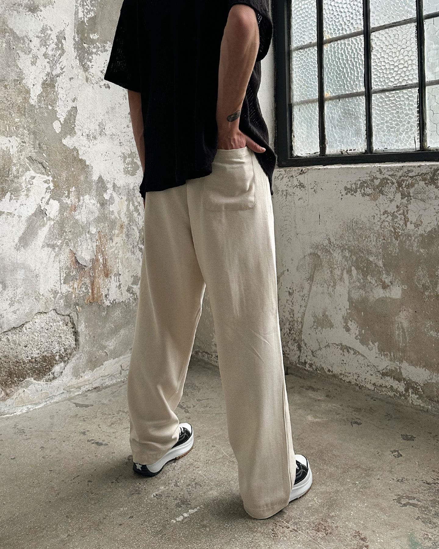 Keten Pile Cizgili Baggy Pantolon Bej
