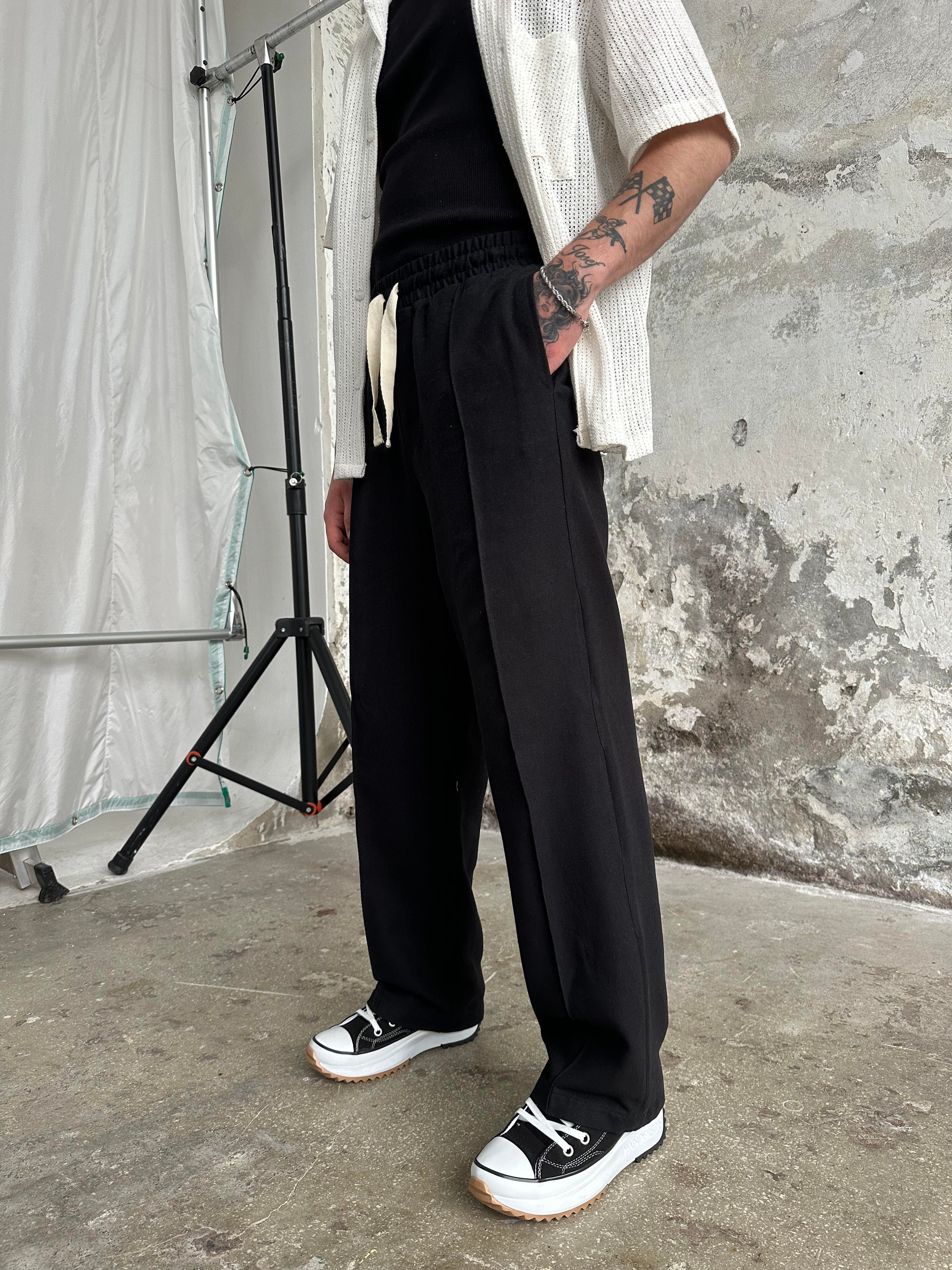 Keten Pile Cizgili Baggy Pantolon Siyah