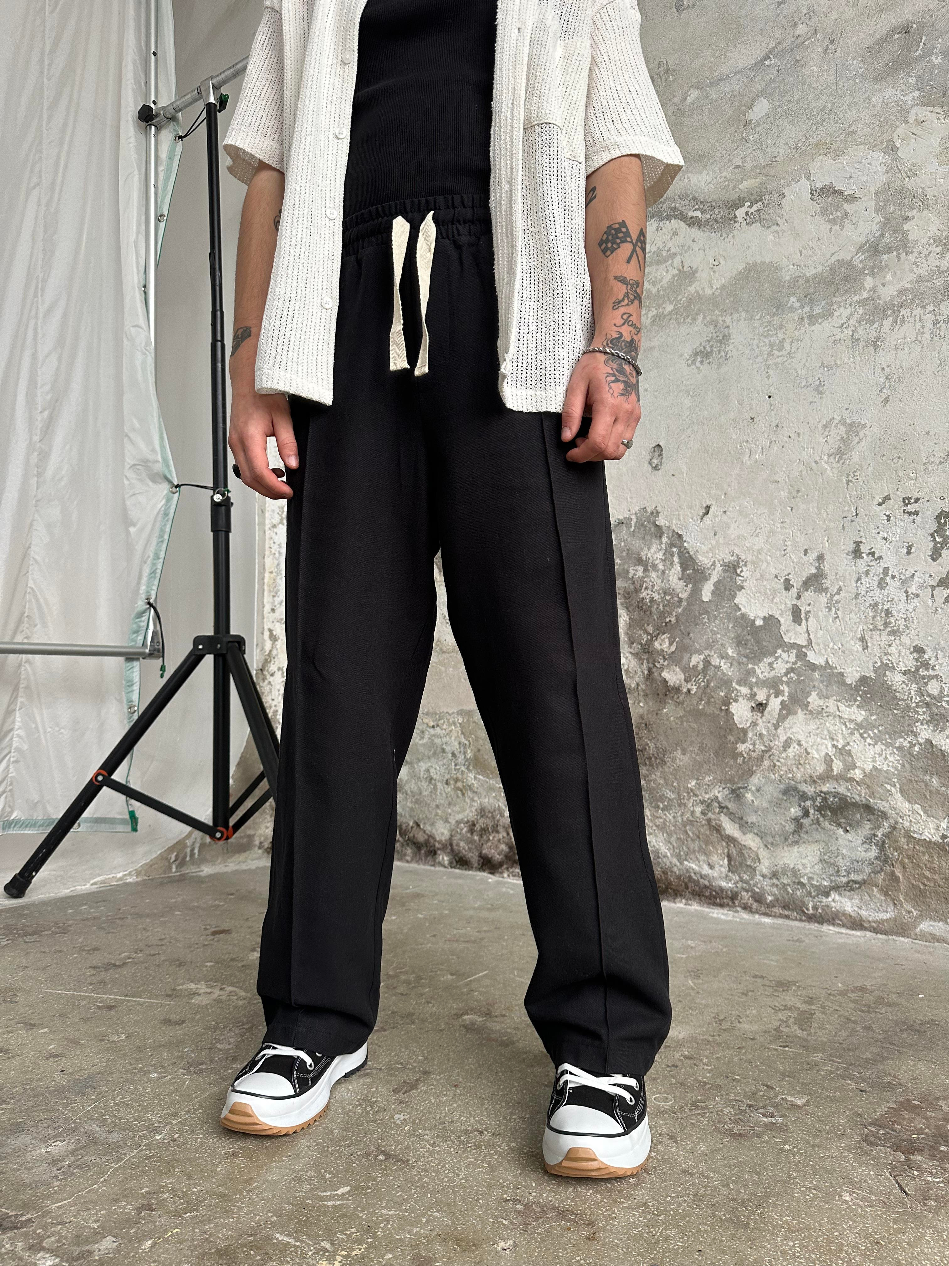 Keten Pile Cizgili Baggy Pantolon Siyah