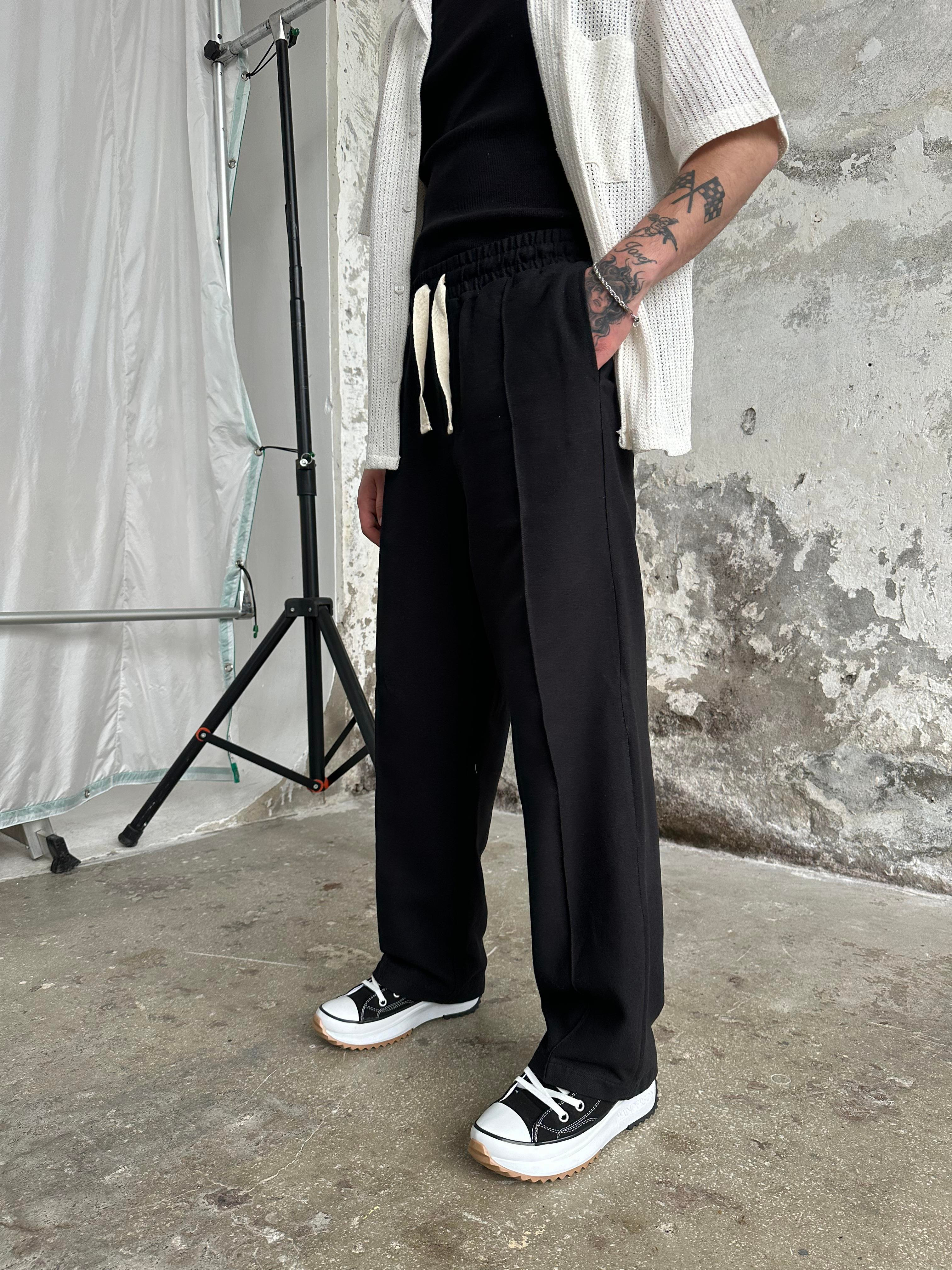Keten Pile Cizgili Baggy Pantolon Siyah