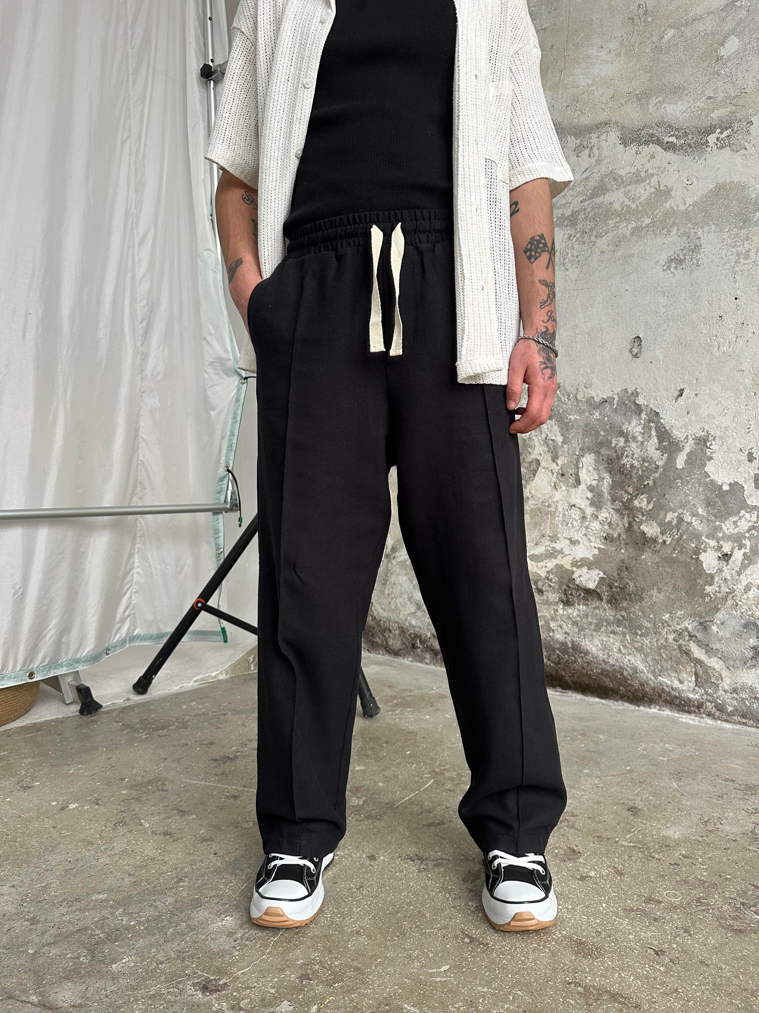 Keten Pile Cizgili Baggy Pantolon Siyah
