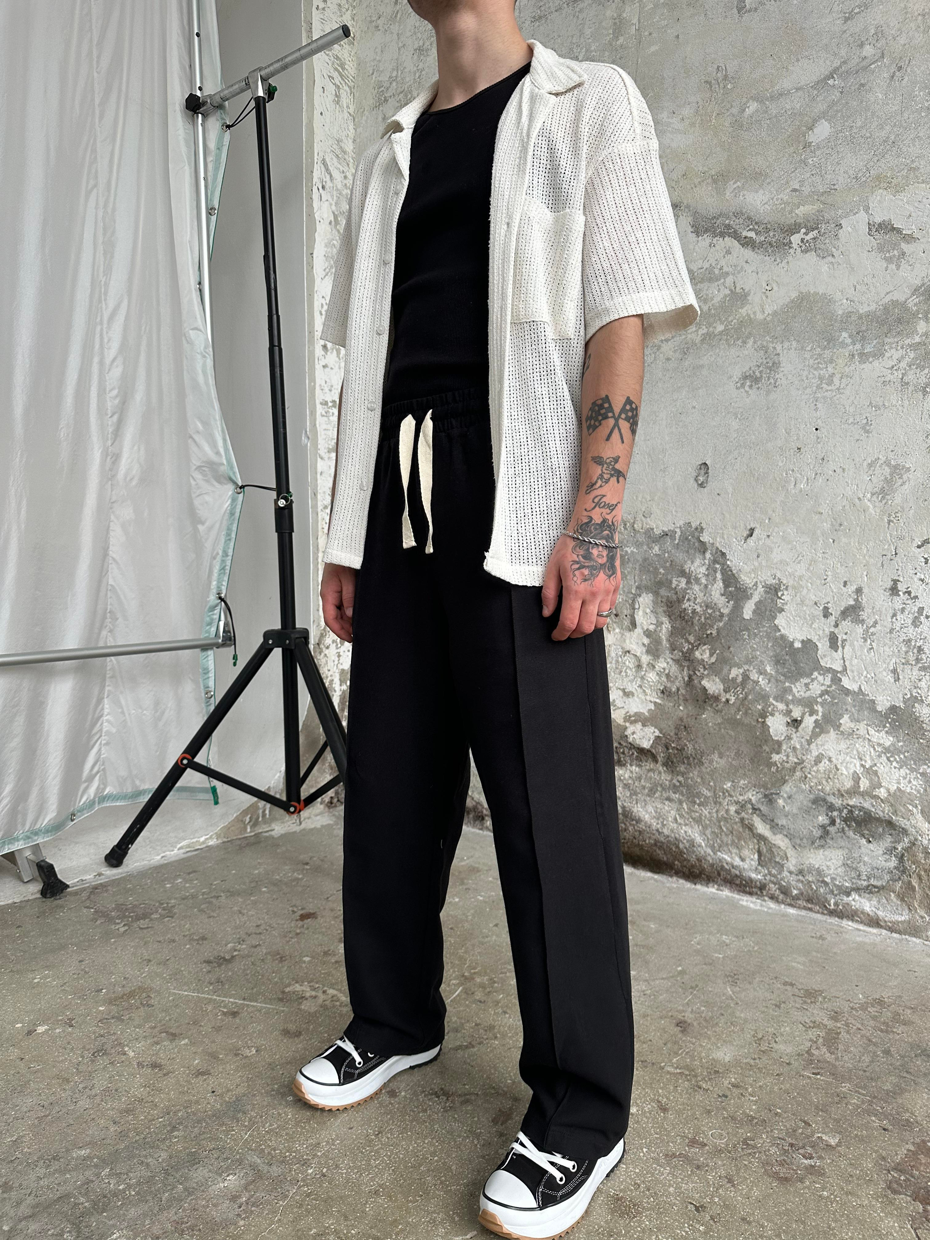Keten Pile Cizgili Baggy Pantolon Siyah