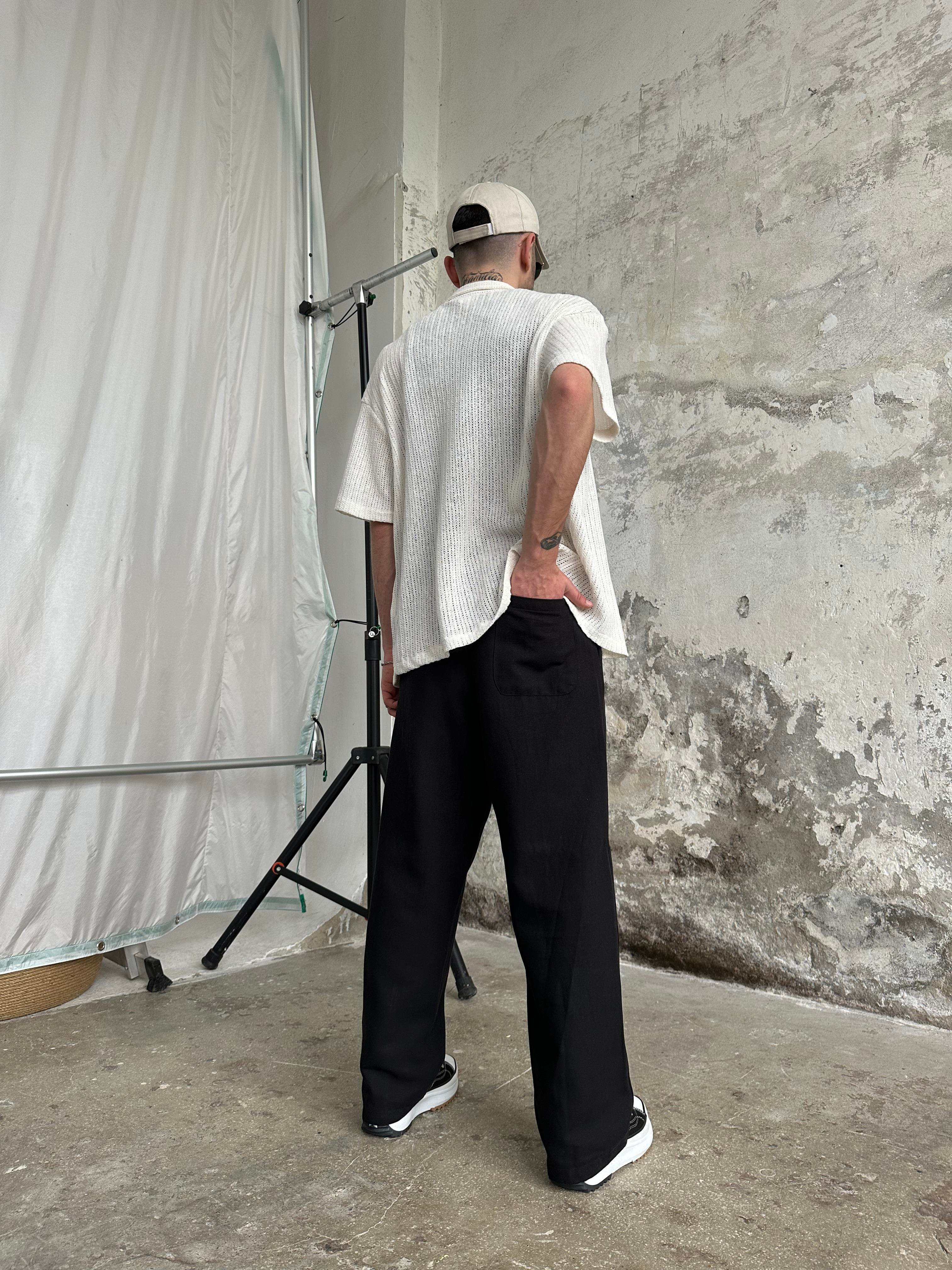 Keten Pile Cizgili Baggy Pantolon Siyah