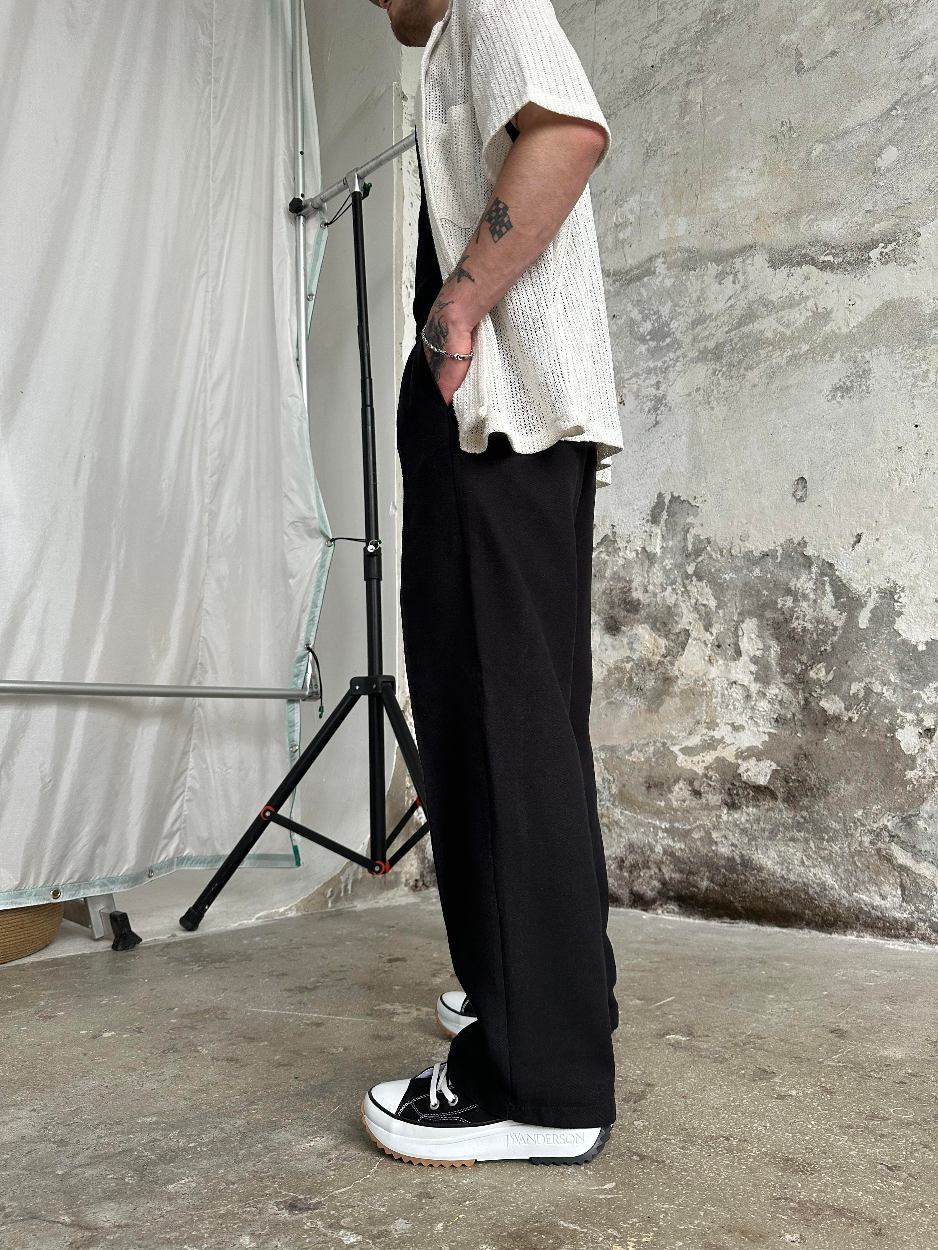 Keten Pile Cizgili Baggy Pantolon Siyah