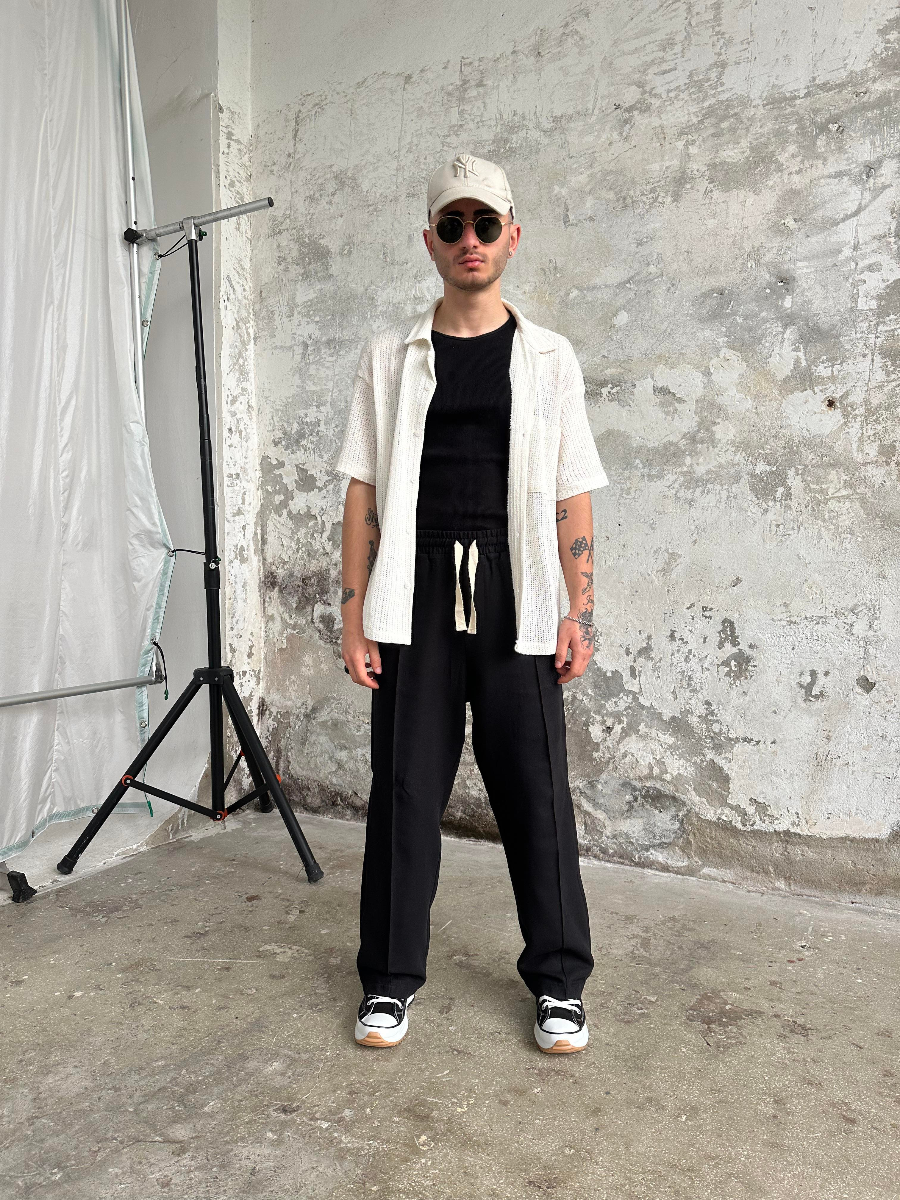 Keten Pile Cizgili Baggy Pantolon Siyah