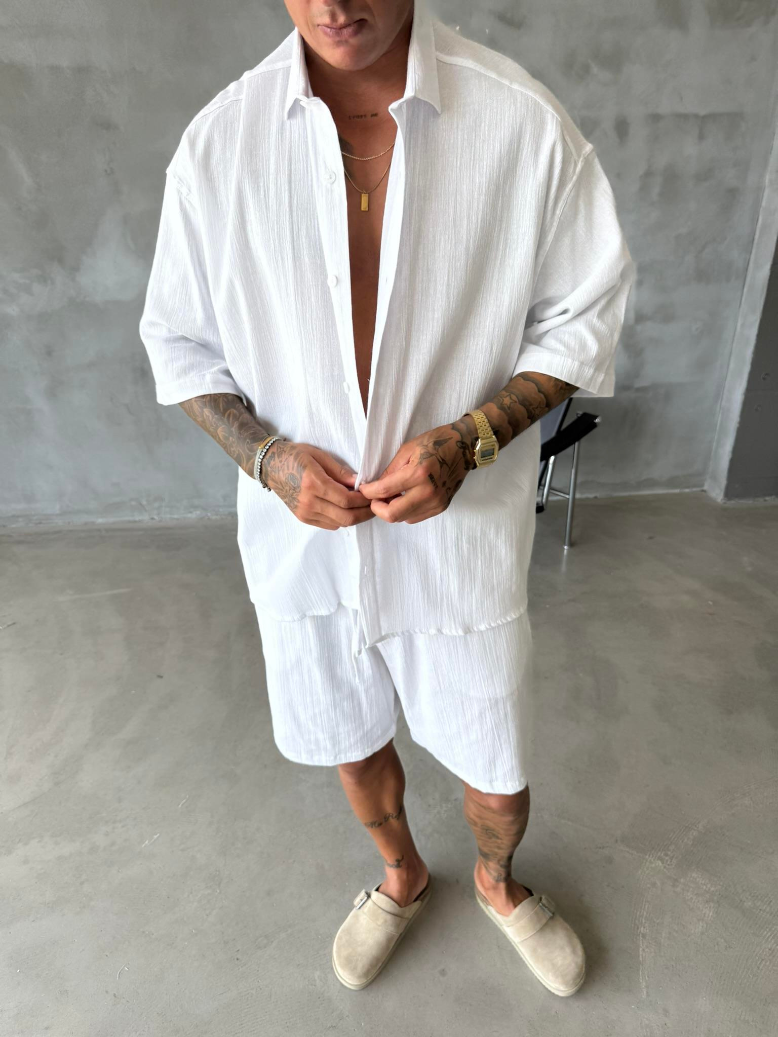 Kısa Kol Keten Gömlek - Beyaz