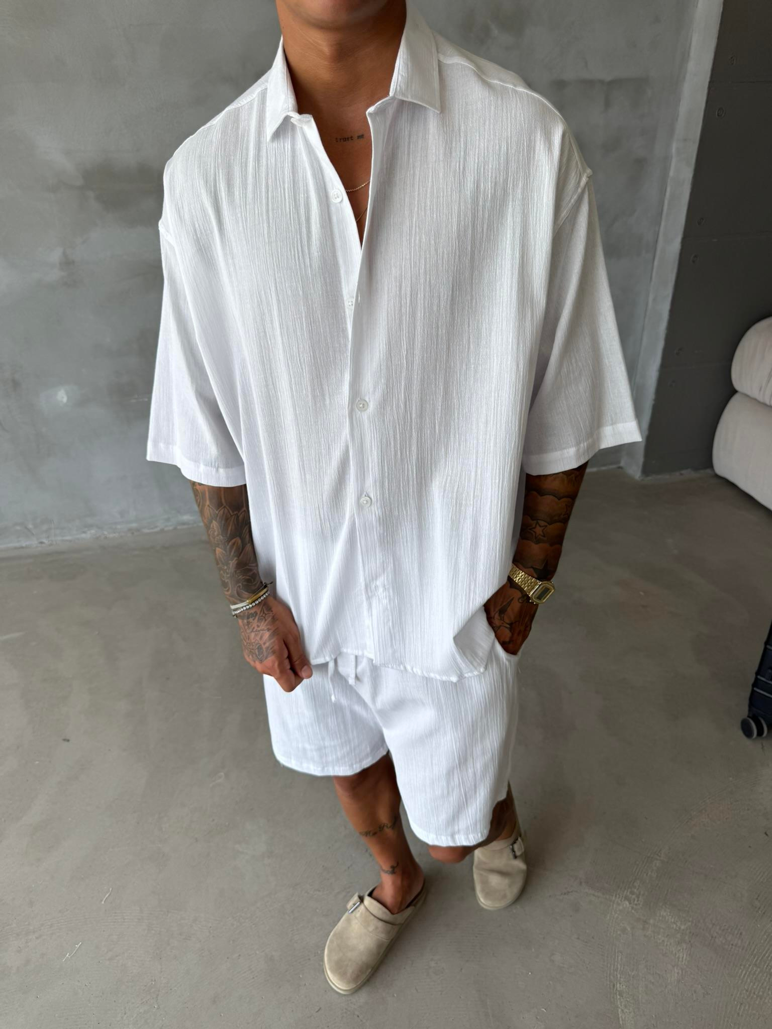 Kısa Kol Keten Gömlek - Beyaz