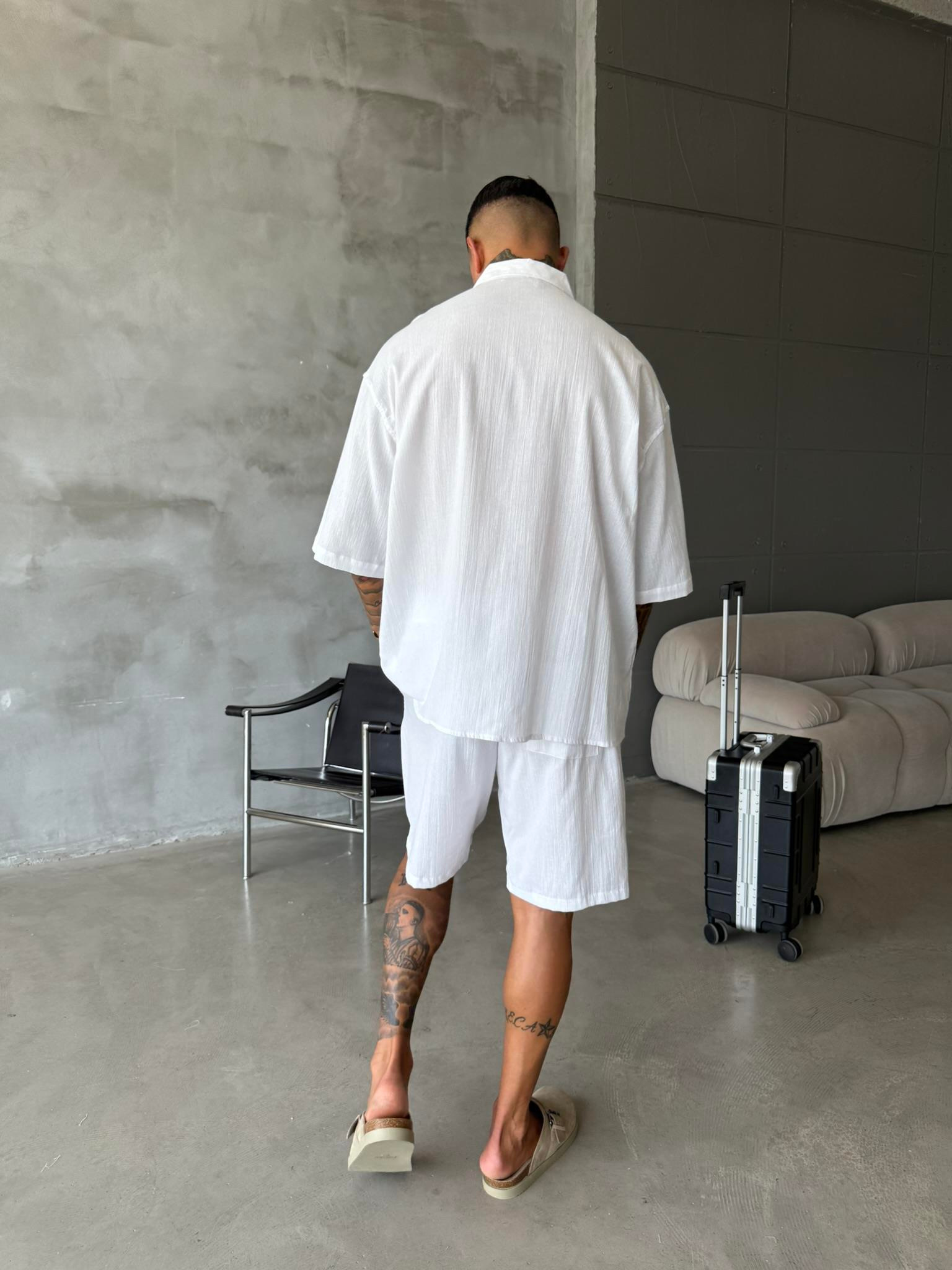 Kısa Kol Keten Gömlek - Beyaz