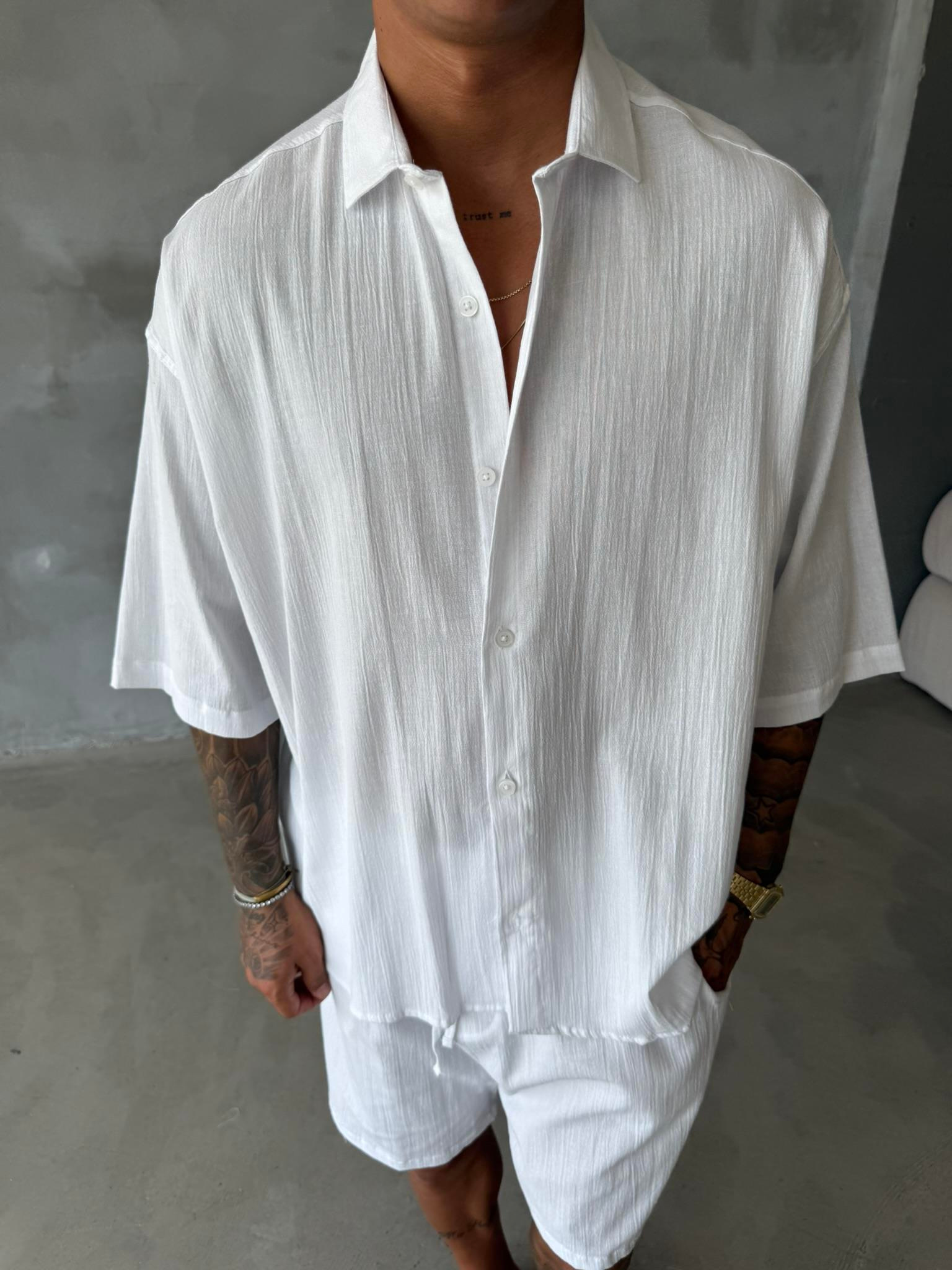 Kısa Kol Keten Gömlek - Beyaz