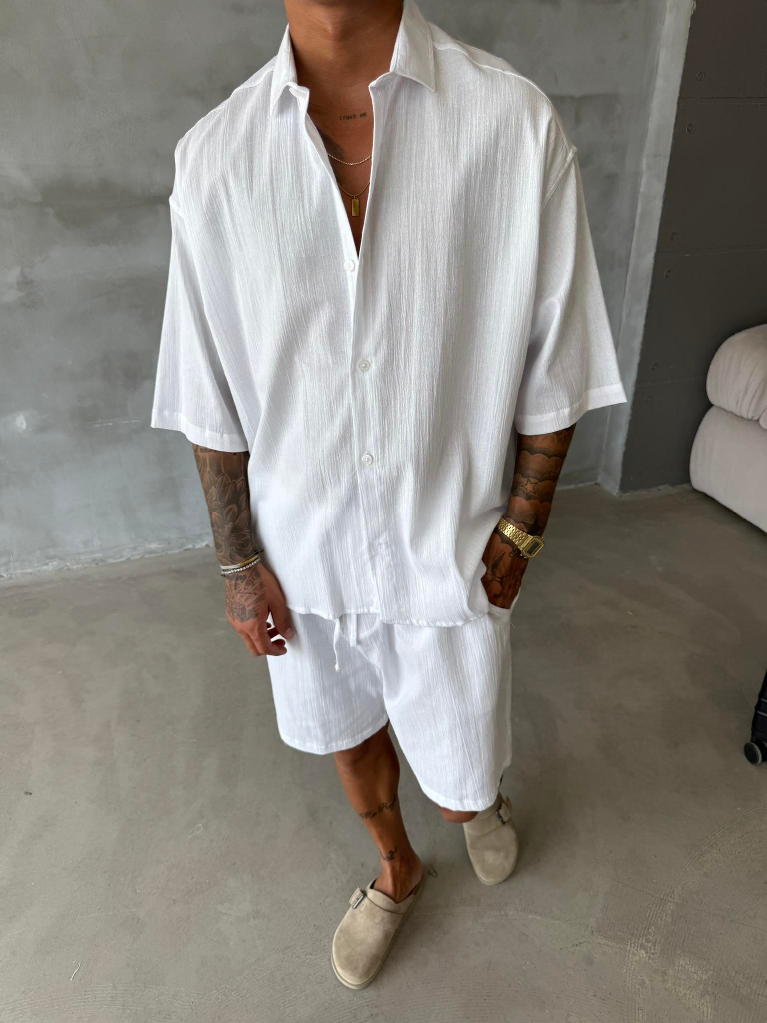 Kısa Kol Keten Gömlek - Beyaz