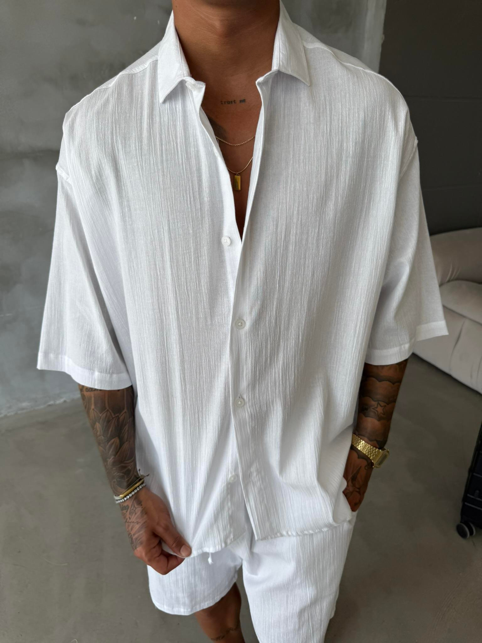 Kısa Kol Keten Gömlek - Beyaz