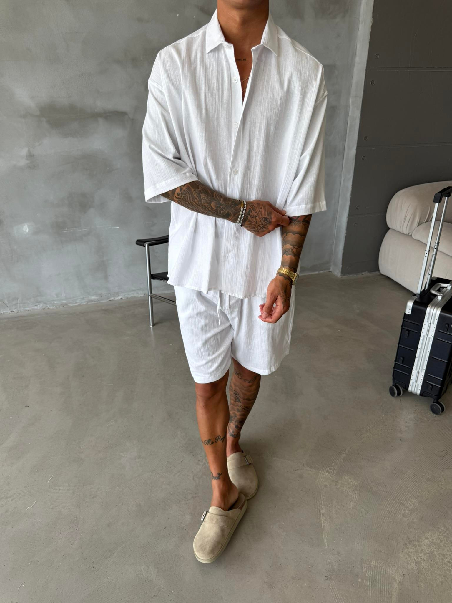 Kısa Kol Keten Gömlek - Beyaz