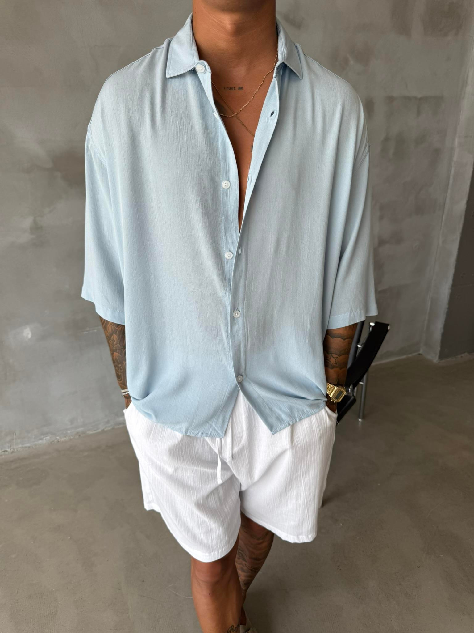 Kısa Kol Keten Gömlek - Mavi