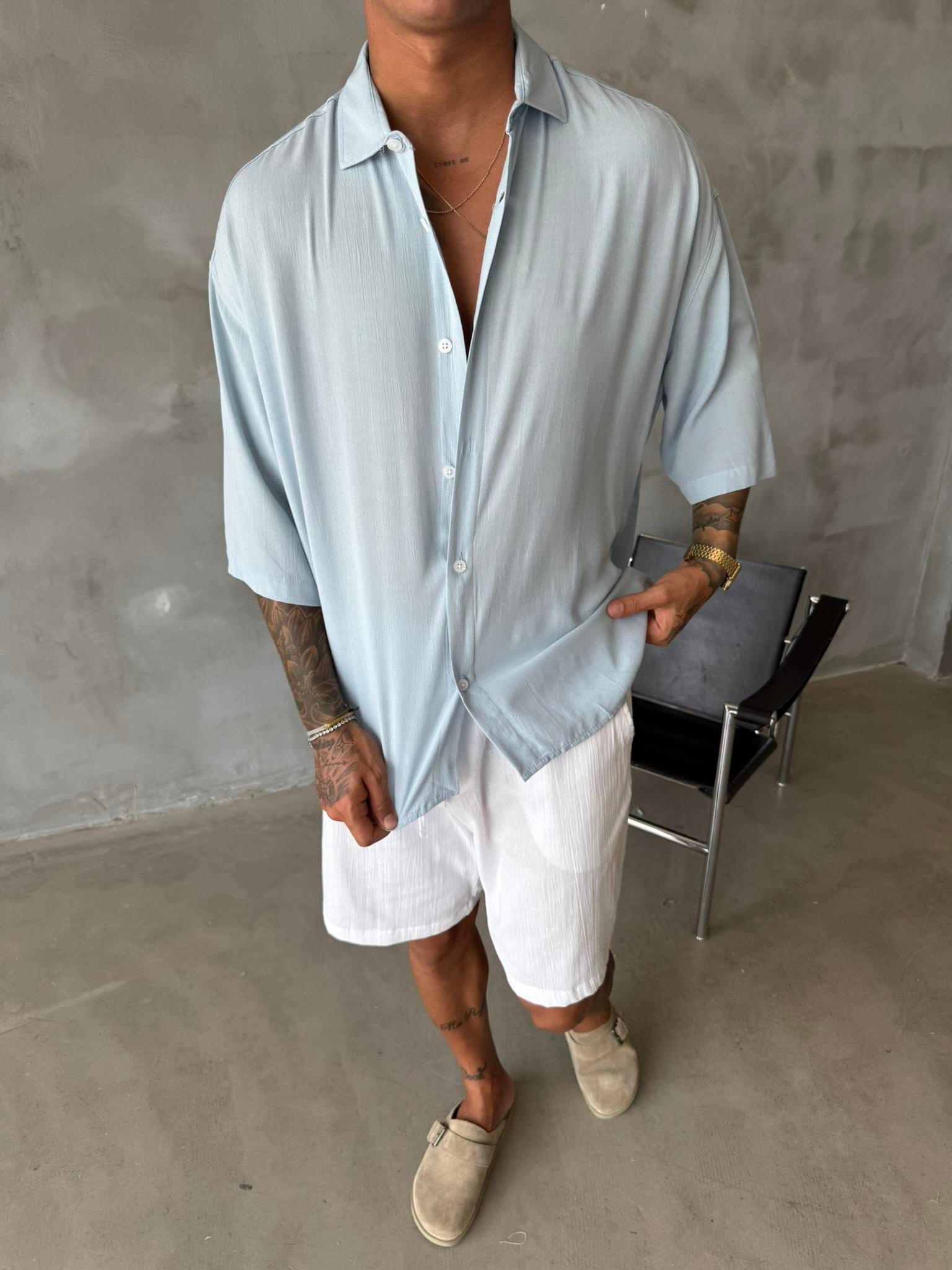 Kısa Kol Keten Gömlek - Mavi