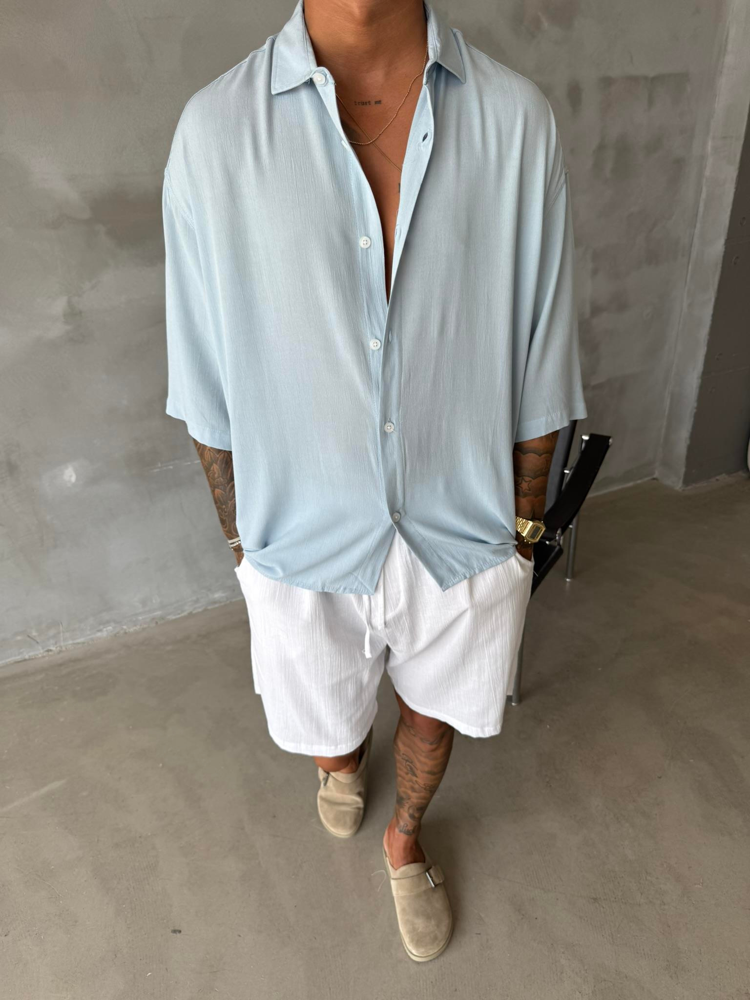 Kısa Kol Keten Gömlek - Mavi