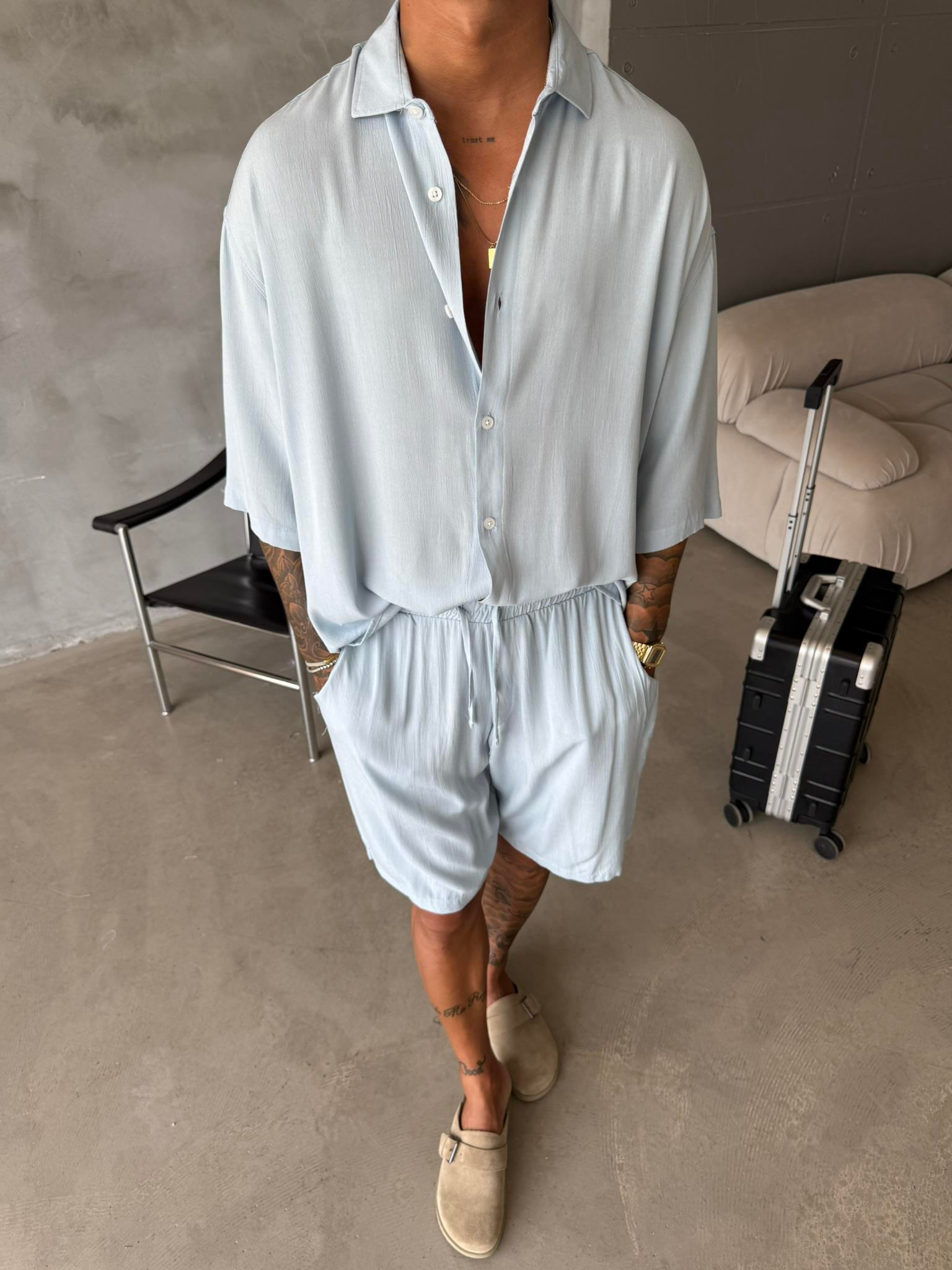 Kısa Kol Keten Gömlek - Mavi