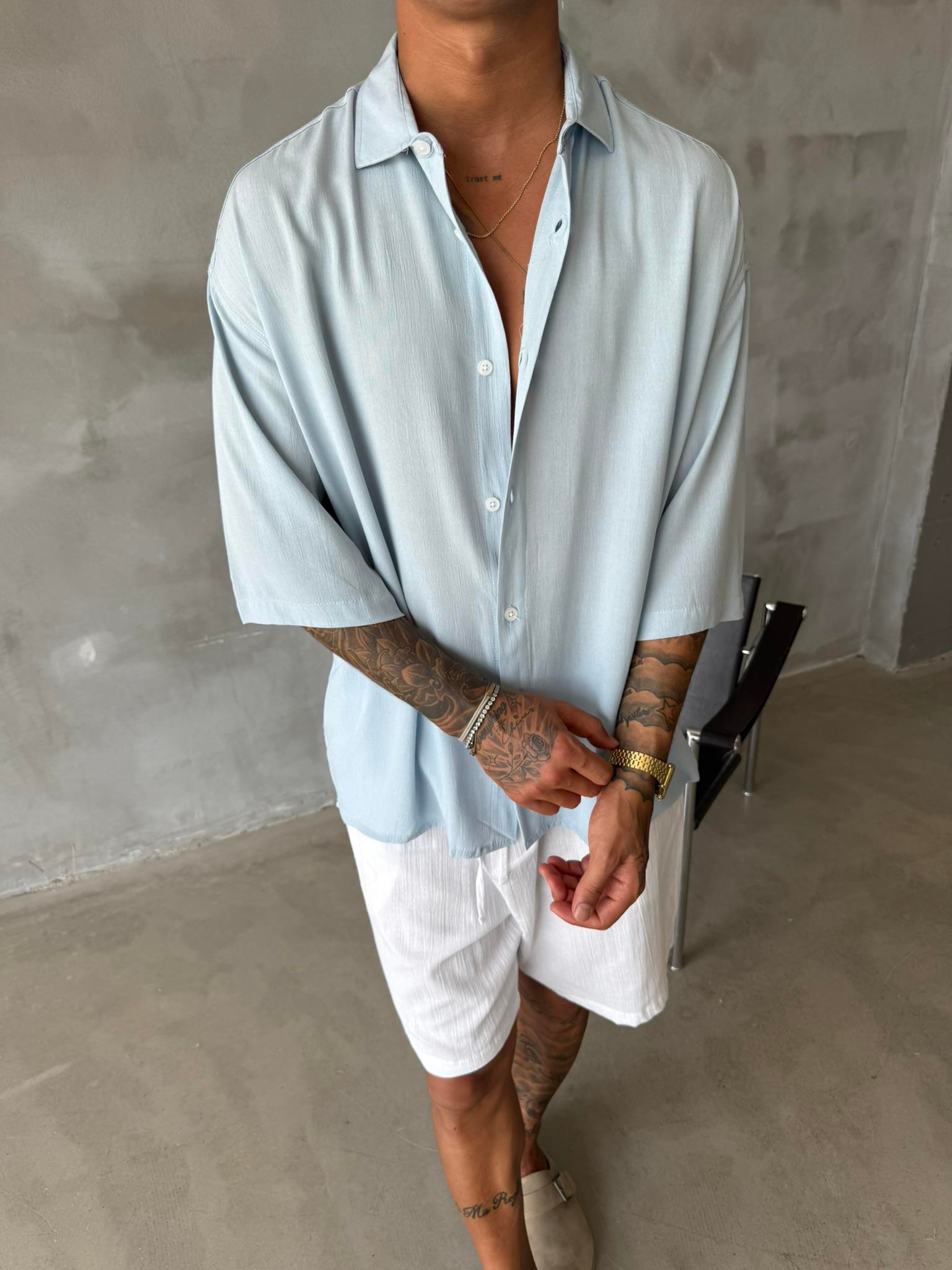 Kısa Kol Keten Gömlek - Mavi