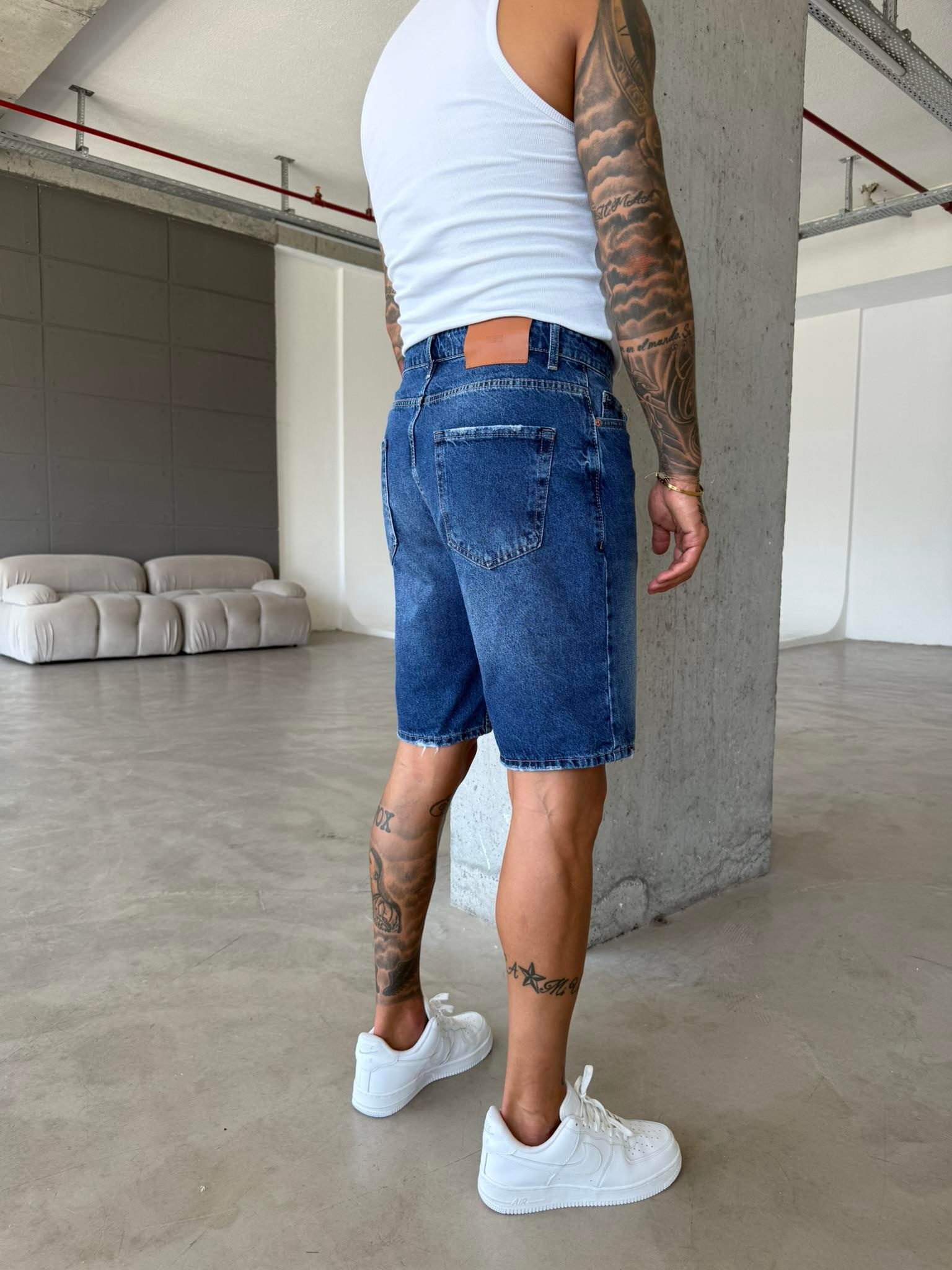 Lacivert Yıkamalı Denim Şort - Lacivert